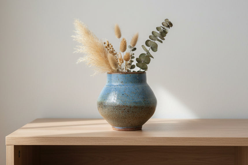 Handmade Blue Rutile Glaze Vase: Signed Ceramic Moon Jar