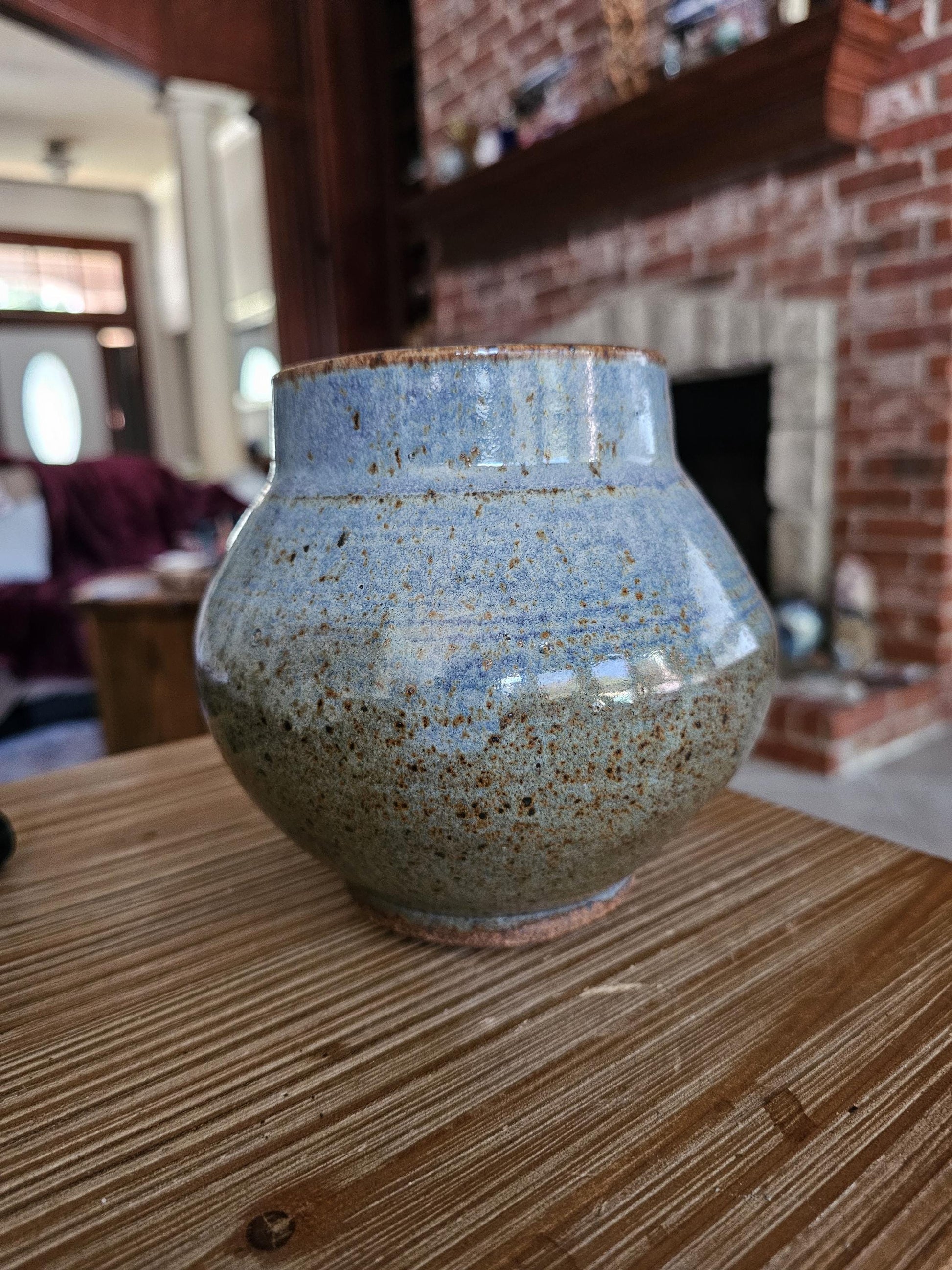Handmade Blue Rutile Glaze Vase: Signed Ceramic Moon Jar