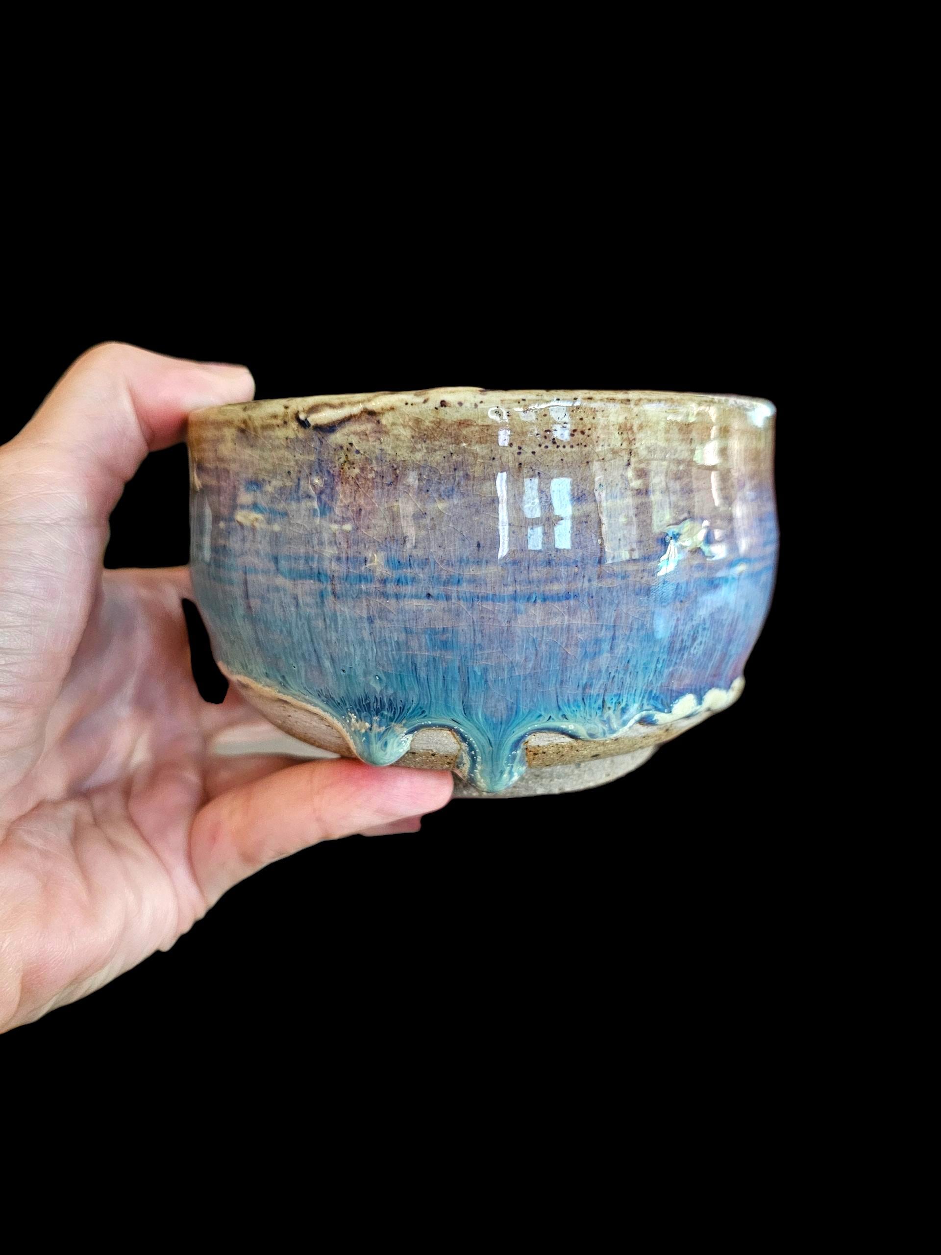 Drippy Blue Stoneware Chawan: Signed Japanese-Style Teabowl Handmade Pottery Art