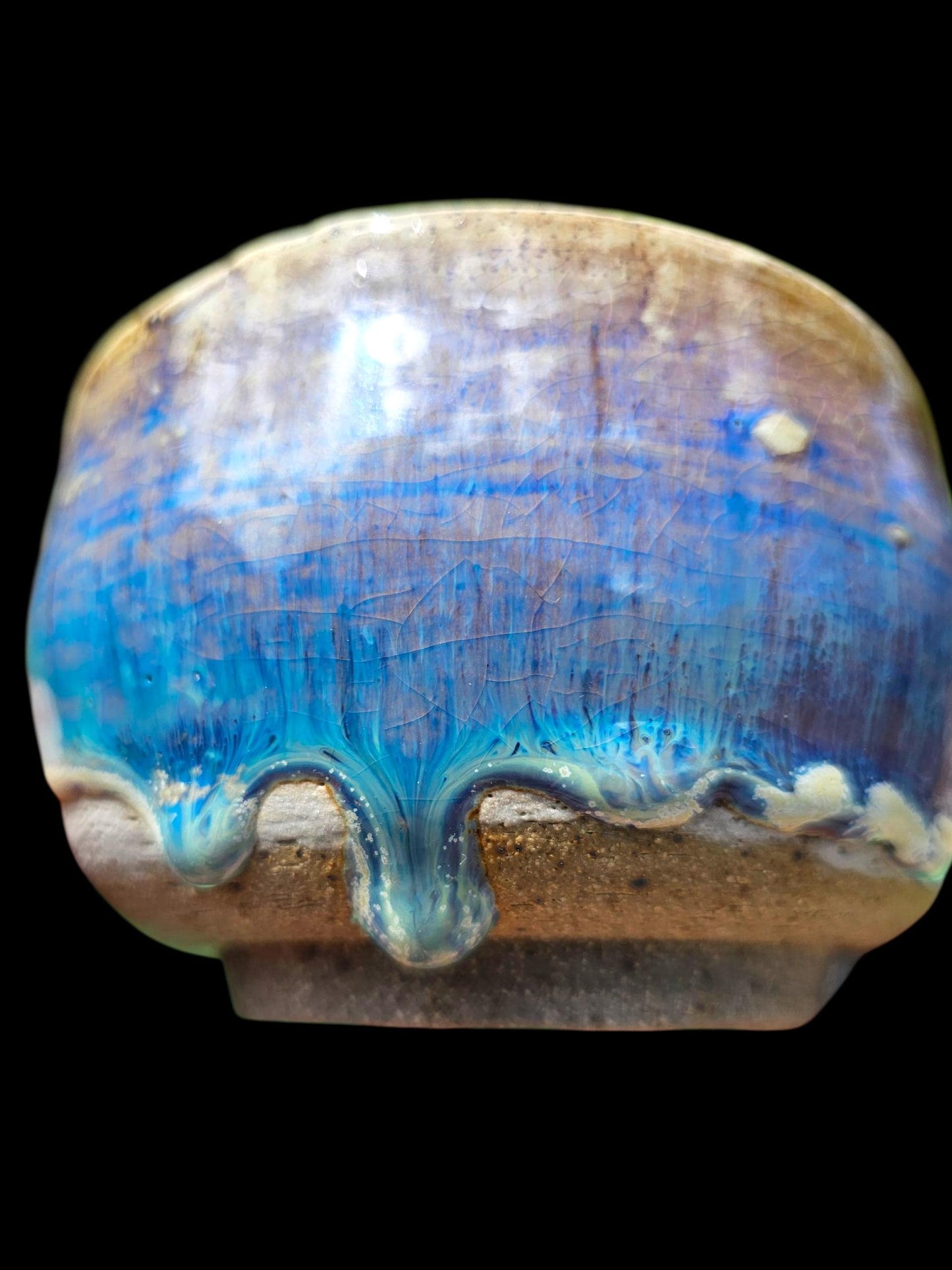Drippy Blue Stoneware Chawan: Signed Japanese-Style Teabowl Handmade Pottery Art