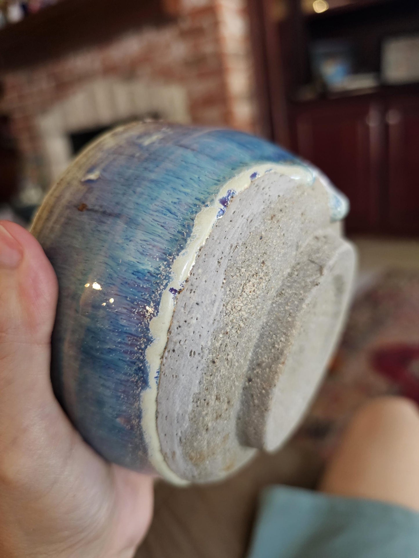 Drippy Blue Stoneware Chawan: Signed Japanese-Style Teabowl Handmade Pottery Art