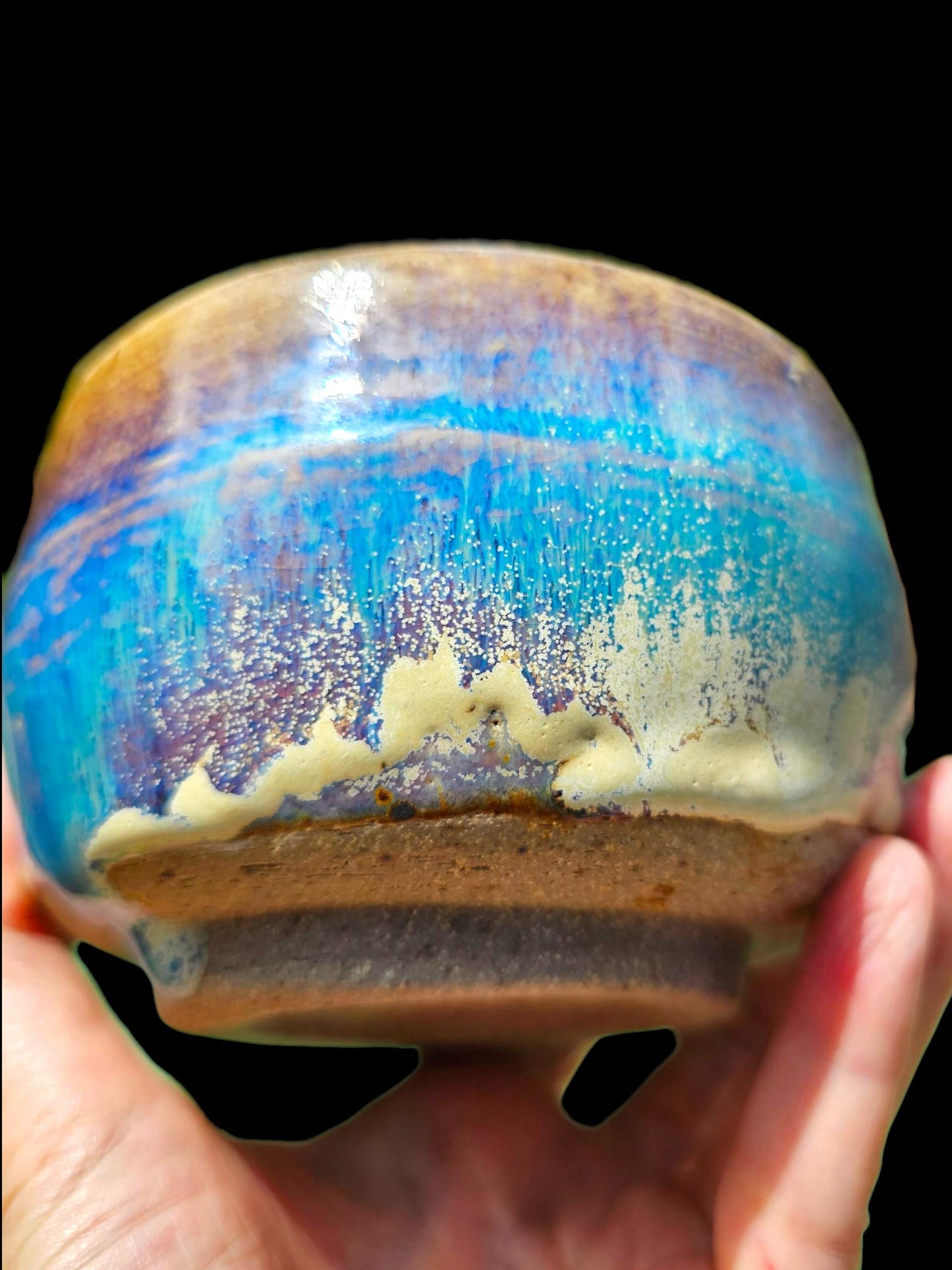 Drippy Blue Stoneware Chawan: Signed Japanese-Style Teabowl Handmade Pottery Art