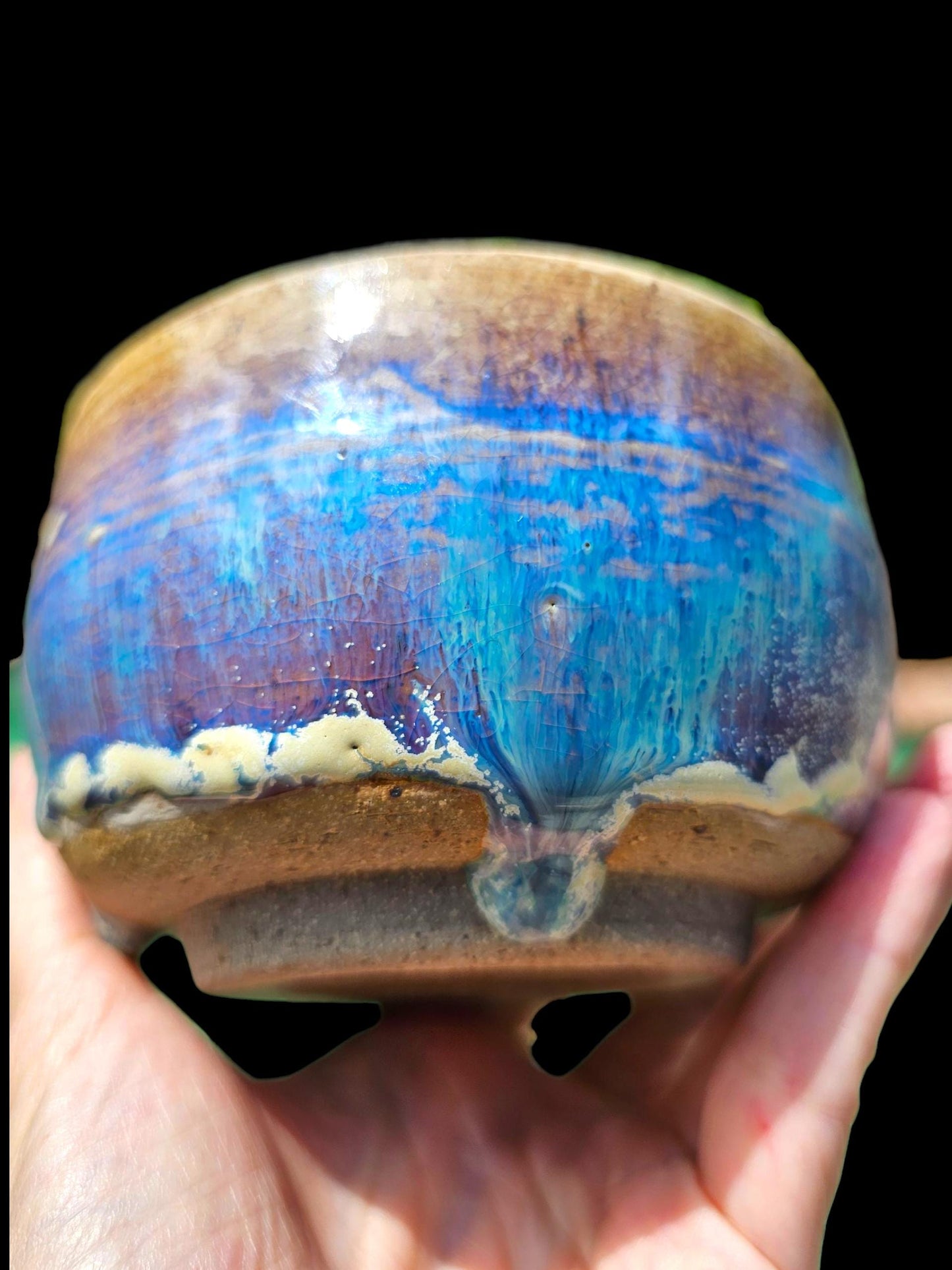 Drippy Blue Stoneware Chawan: Signed Japanese-Style Teabowl Handmade Pottery Art