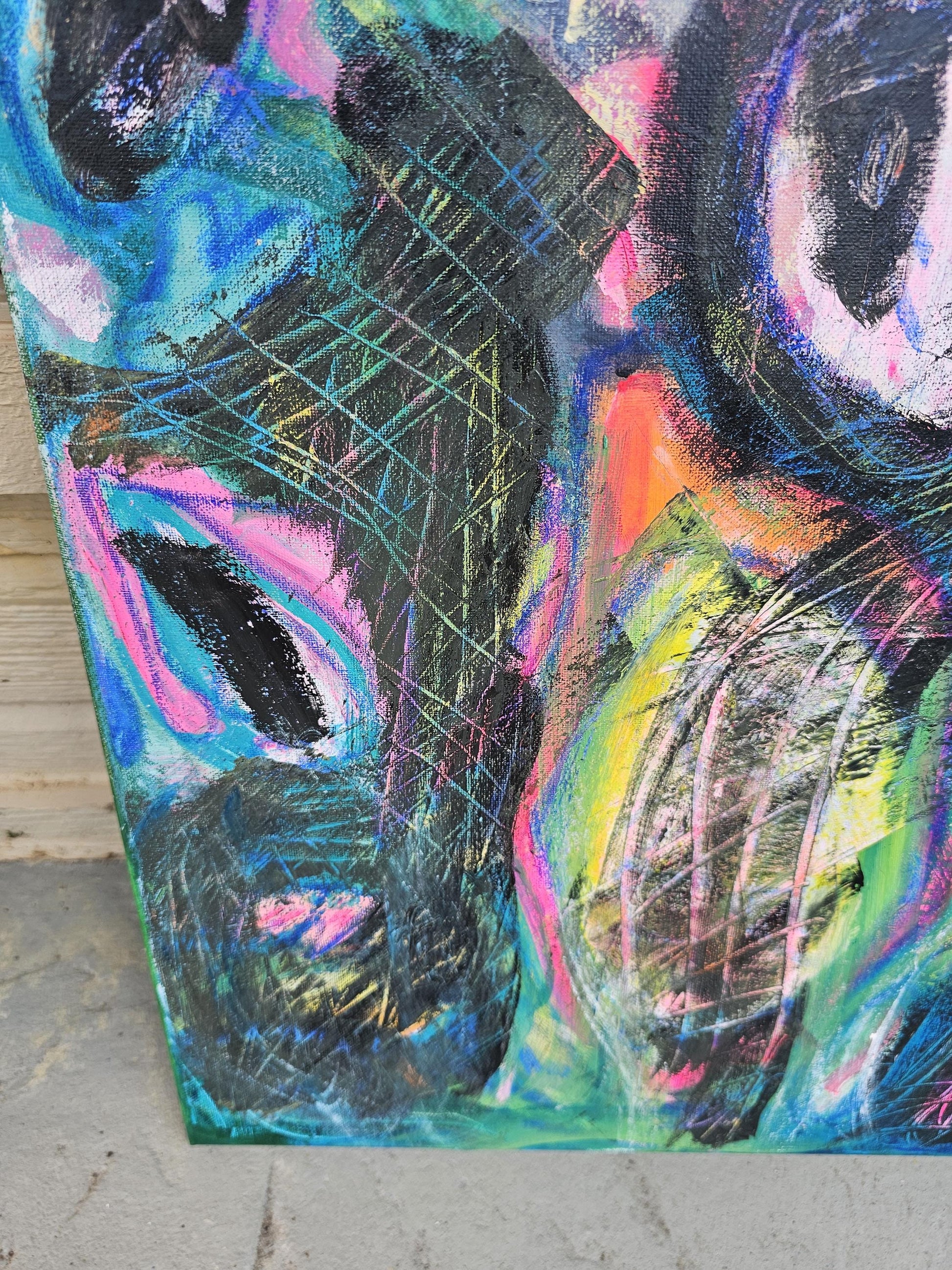 Original Abstract Figure Painting: Vivid Pink Mixed Media Canvas Art