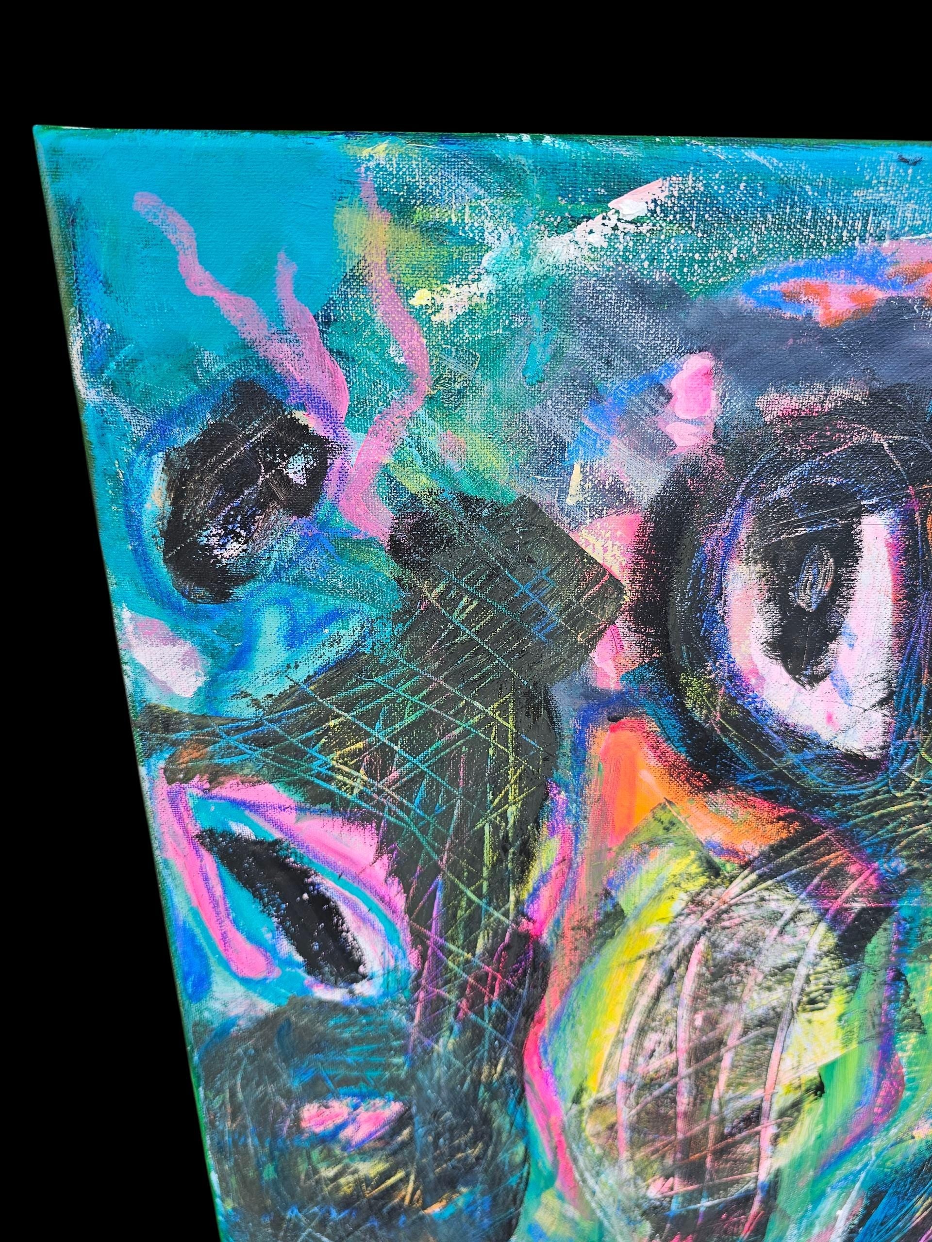 Original Abstract Figure Painting: Vivid Pink Mixed Media Canvas Art