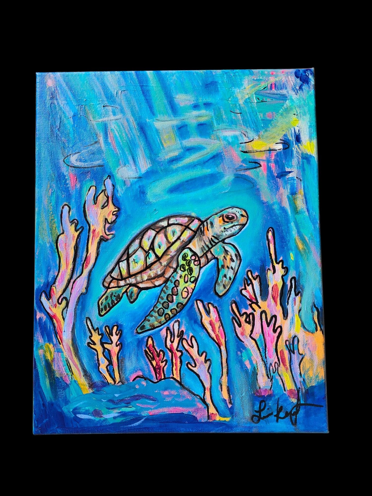 Original Sea Turtle Acrylic Painting: Vibrant Ocean Conservation Art