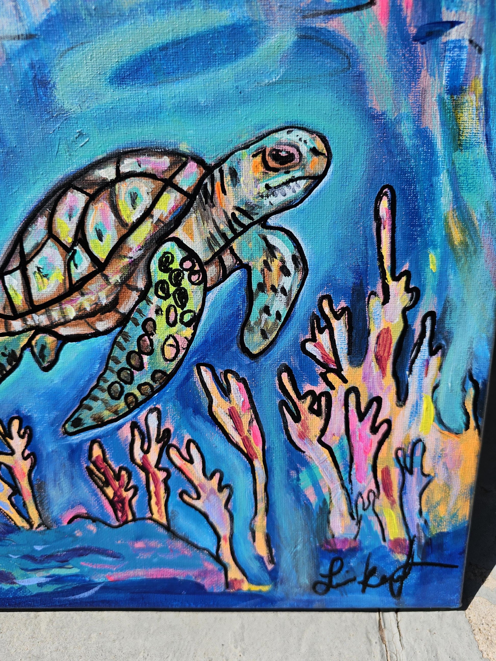 Original Sea Turtle Acrylic Painting: Vibrant Ocean Conservation Art