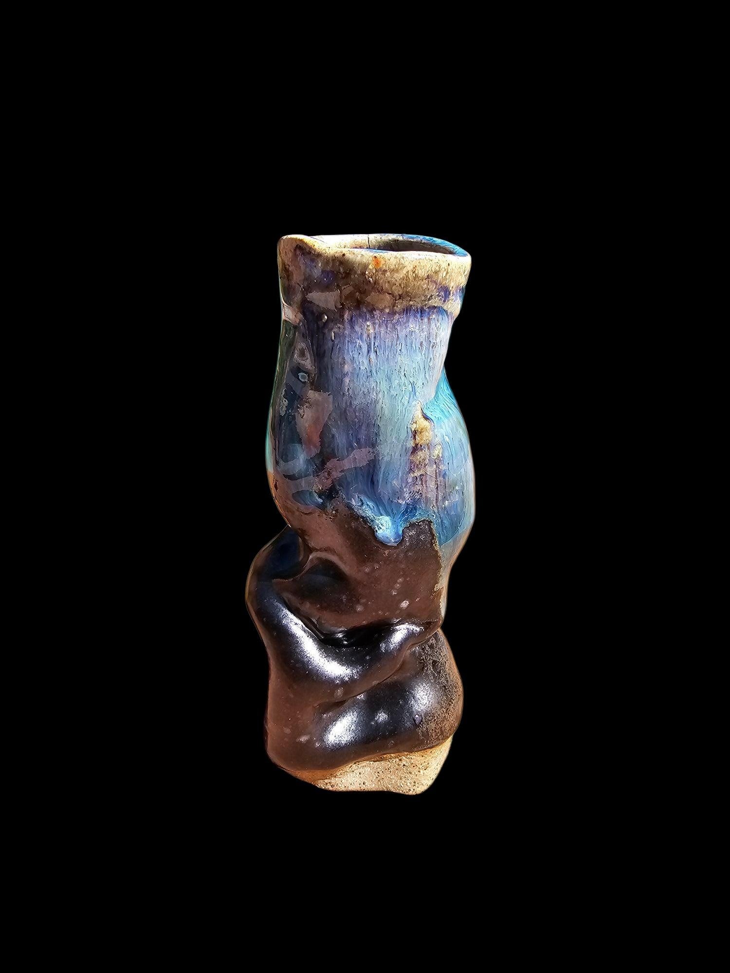 Sea Creature Bud Vase: Stoneware Pottery Sculpture, Black and Blue