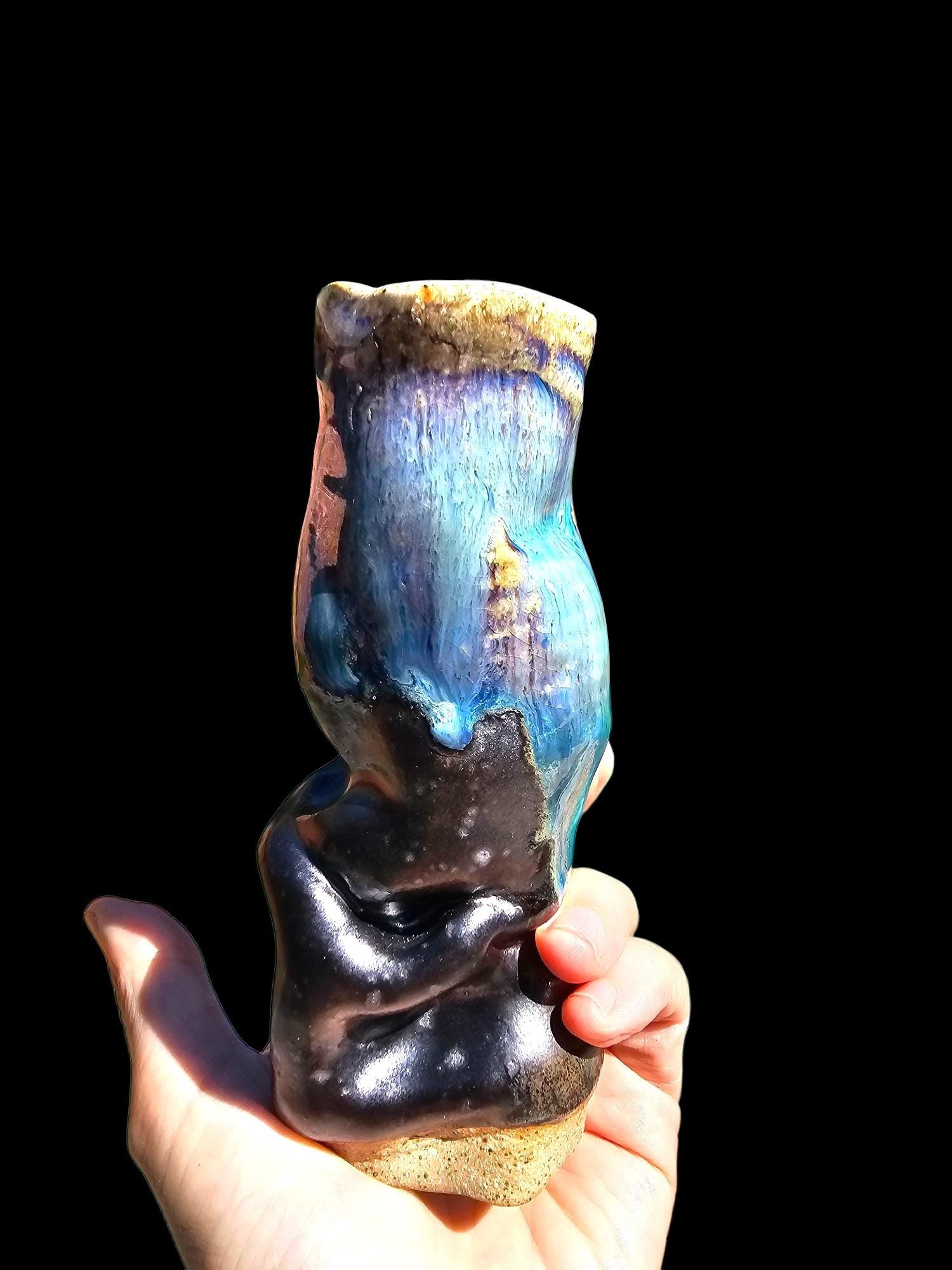 Sea Creature Bud Vase: Stoneware Pottery Sculpture, Black and Blue