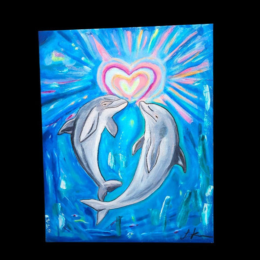 Underwater Romance Painting: Original Dolphin Acrylic Art, 16x20
