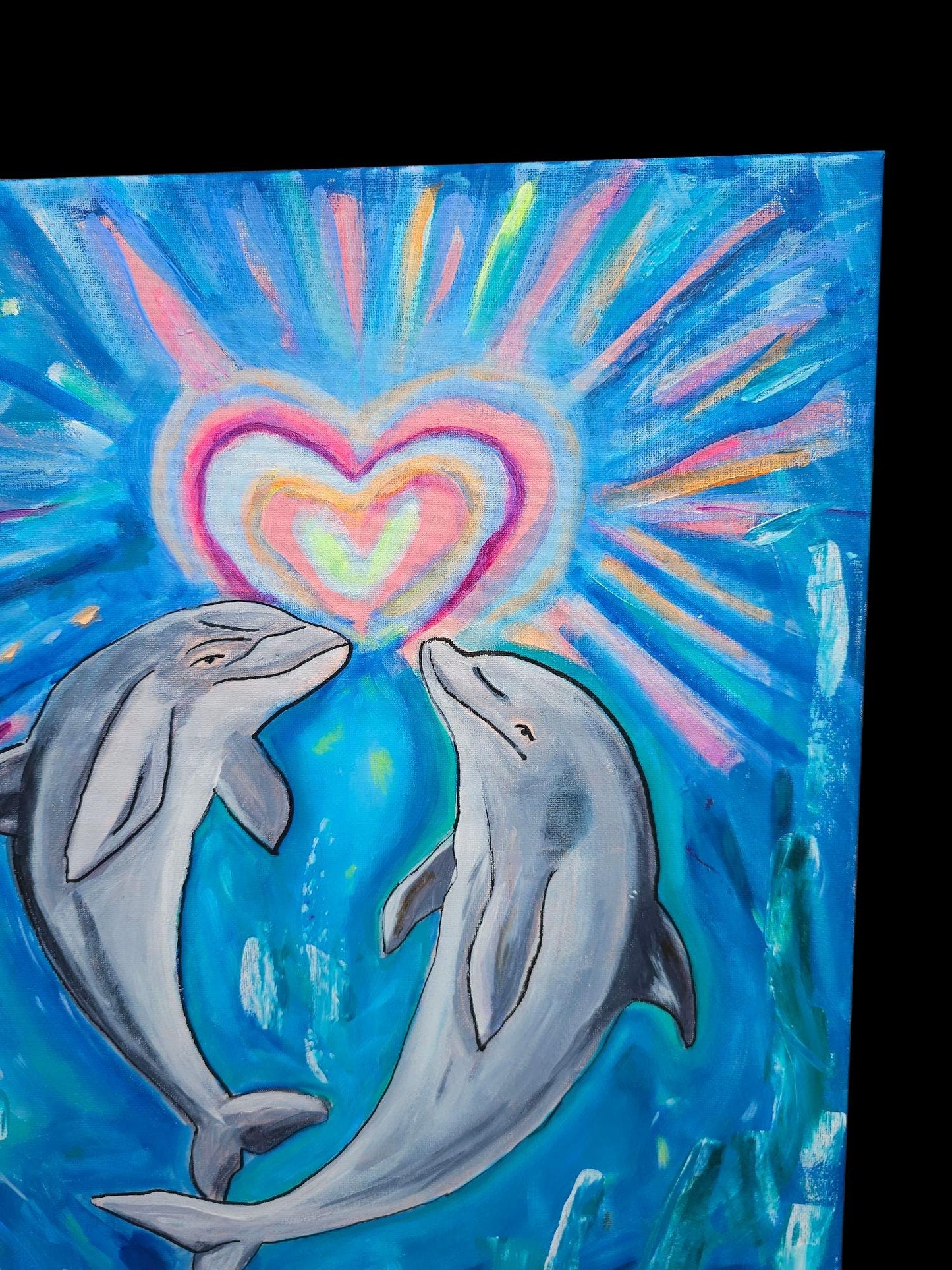 Underwater Romance Painting: Original Dolphin Acrylic Art, 16x20