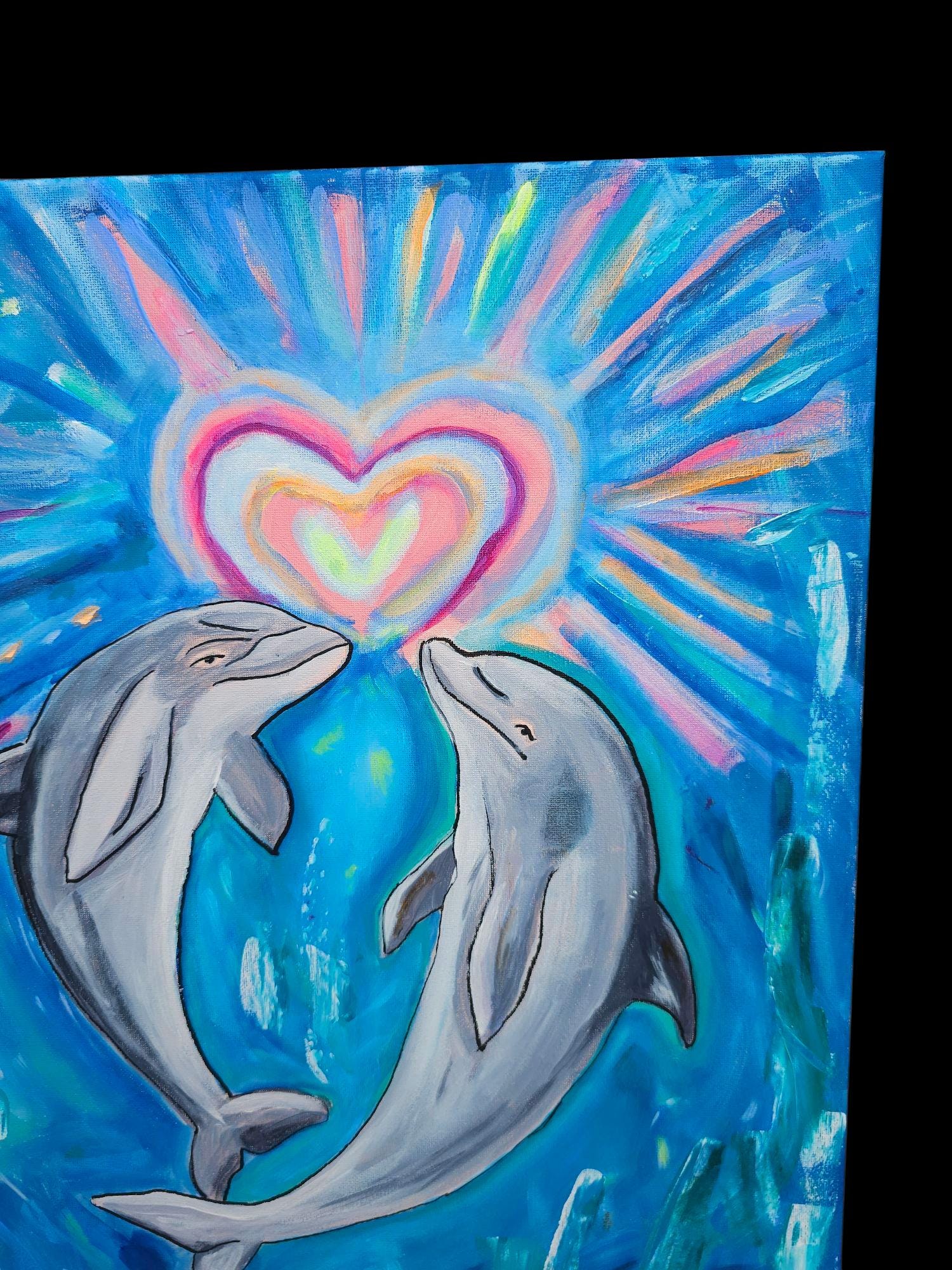 Underwater Romance Painting: Original Dolphin Acrylic Art, 16x20