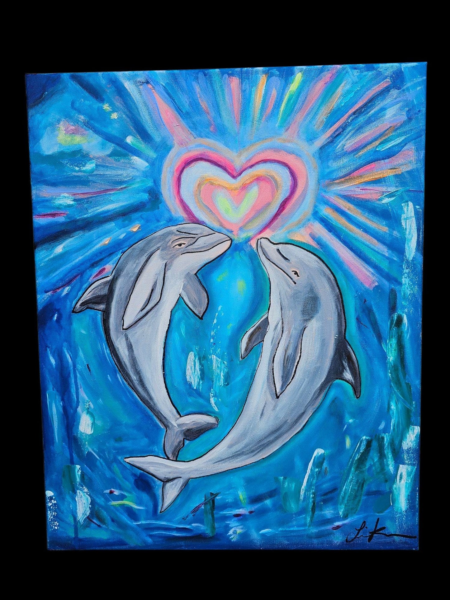 Underwater Romance Painting: Original Dolphin Acrylic Art, 16x20