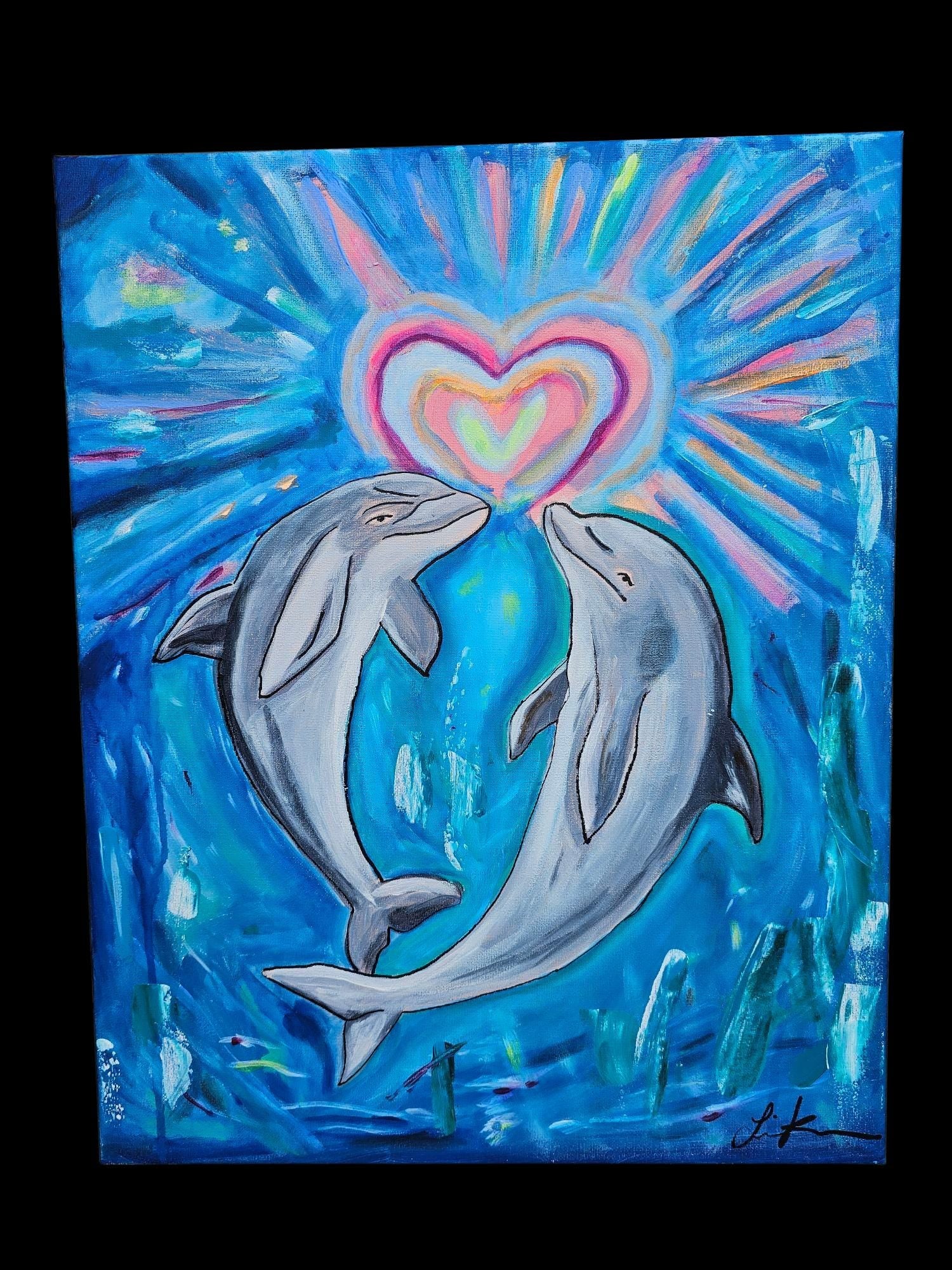 Underwater Romance Painting: Original Dolphin Acrylic Art, 16x20