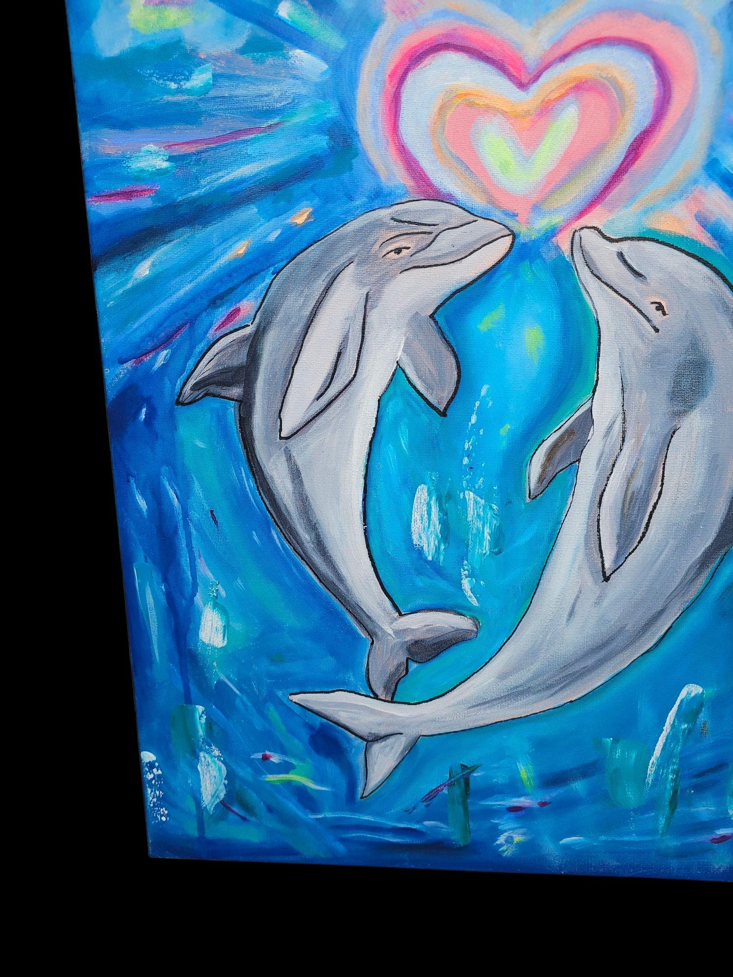 Underwater Romance Painting: Original Dolphin Acrylic Art, 16x20