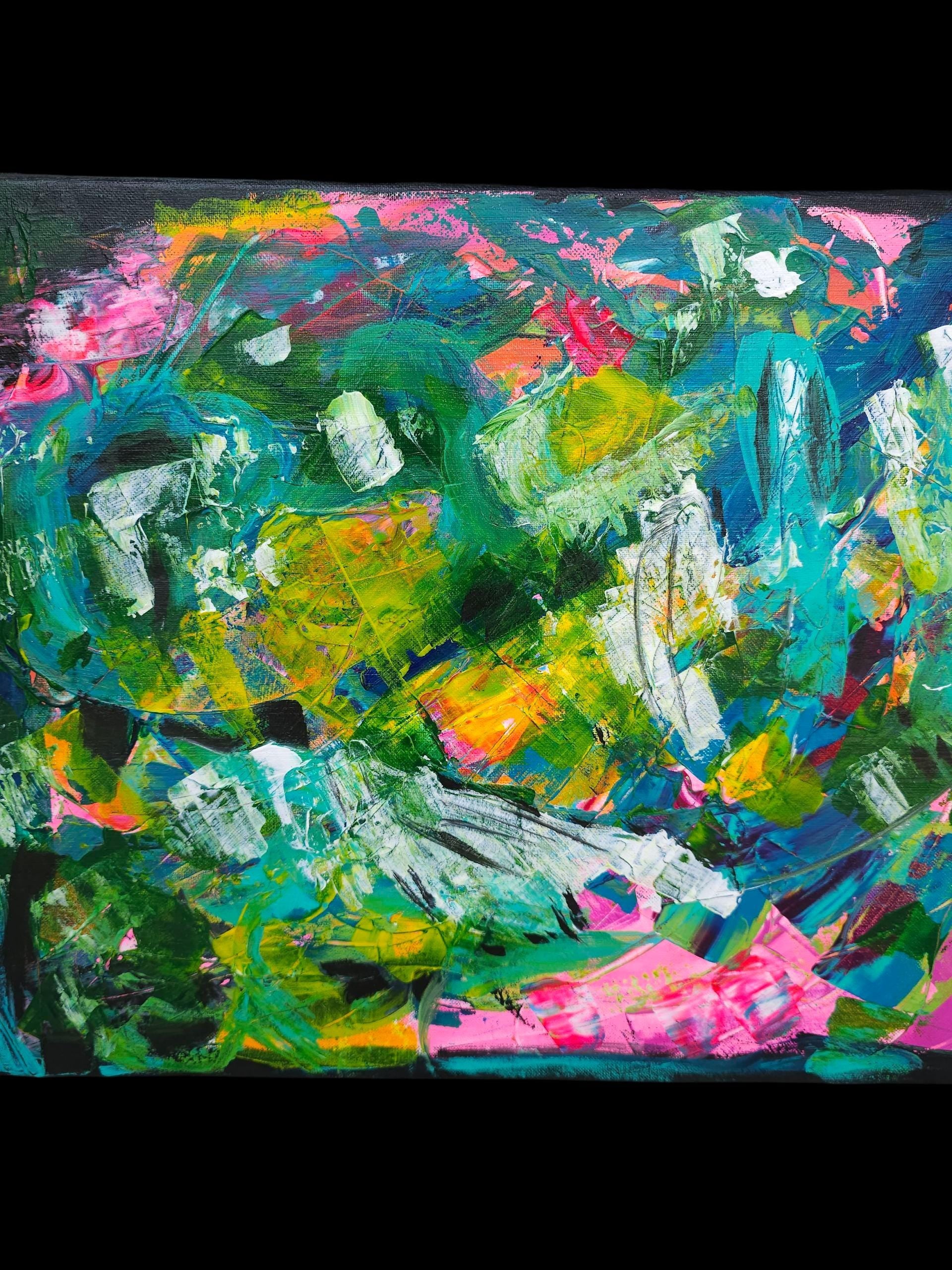 Jungle Abstract Painting: Bright Pink & Green Modern Art, 16x20 Canvas