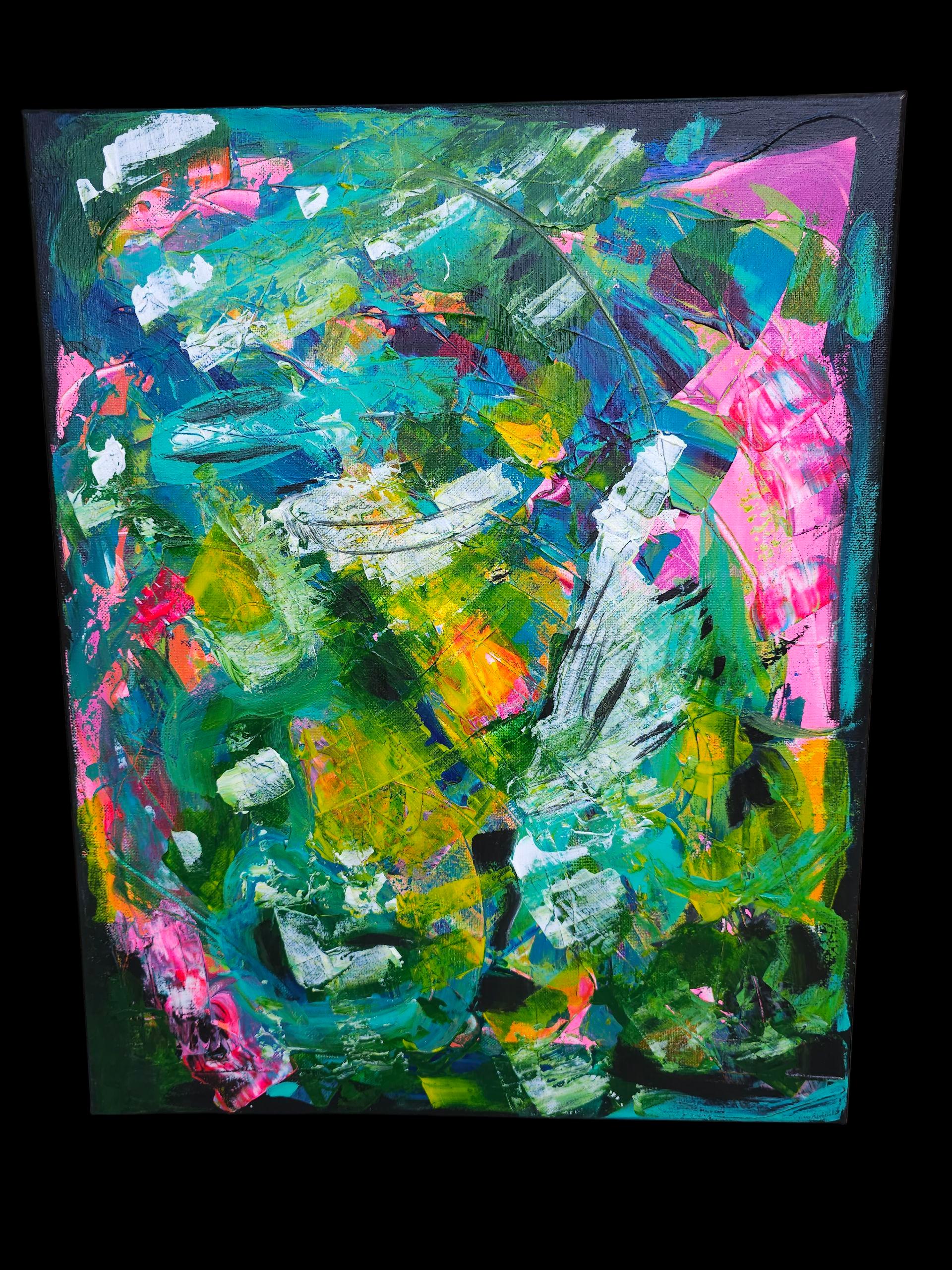 Jungle Abstract Painting: Bright Pink & Green Modern Art, 16x20 Canvas