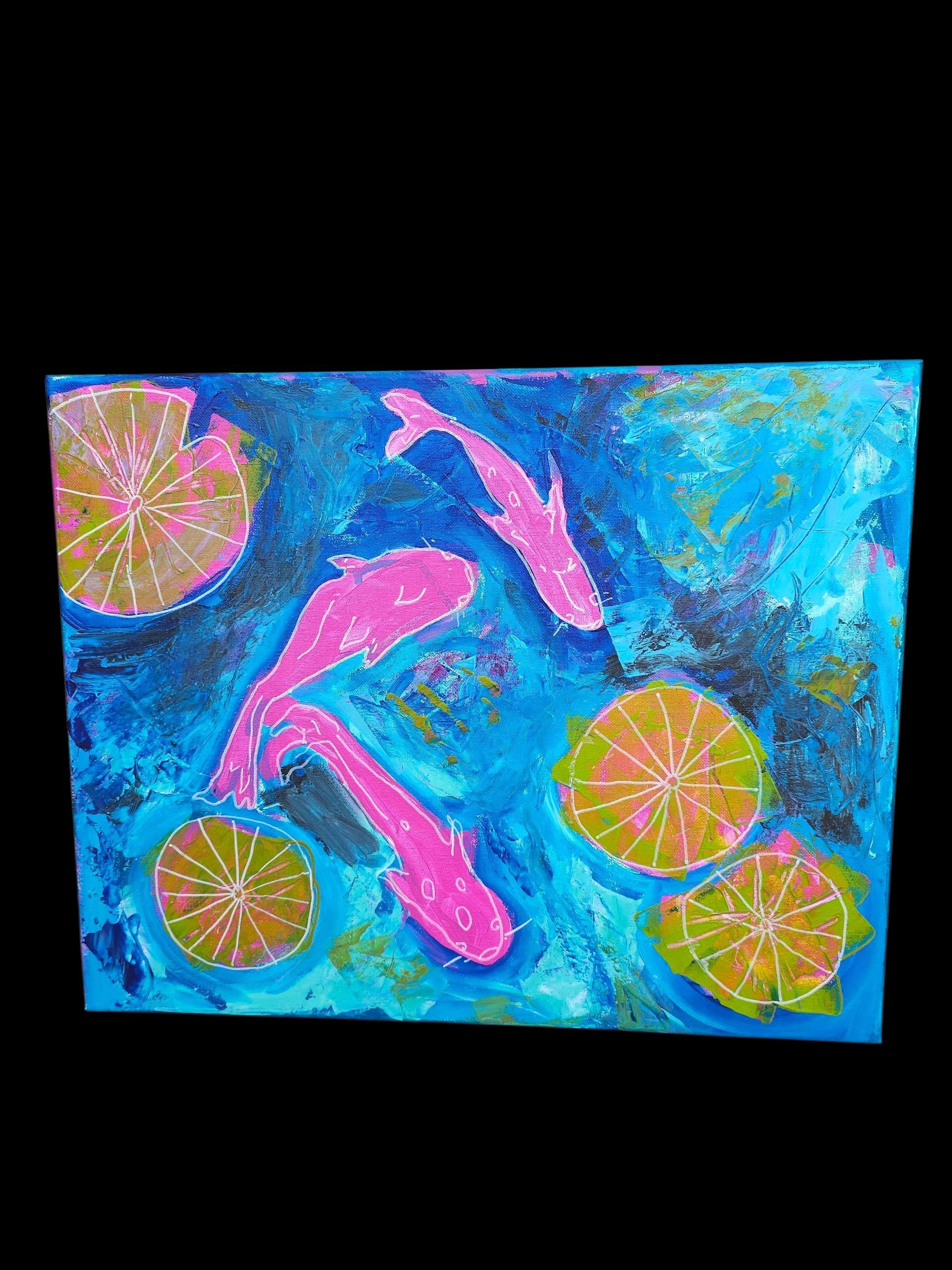 Koi Fish Abstract Painting: Modern Pink Green Canvas Wall Art