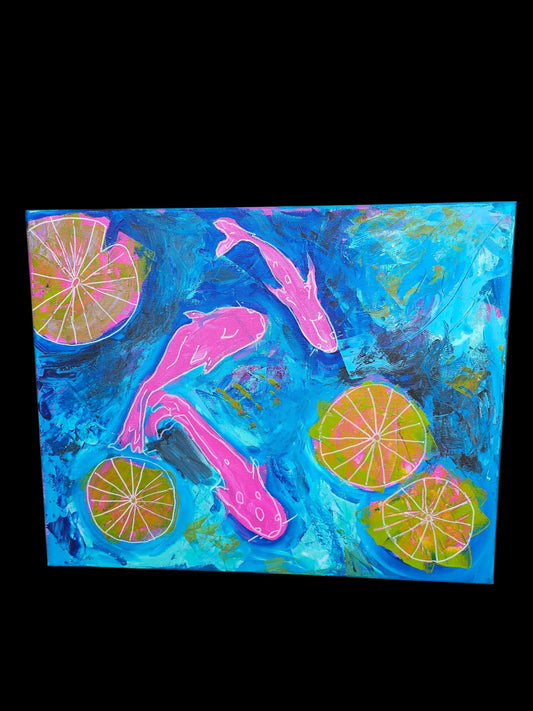 Koi Fish Abstract Painting: Modern Pink Green Canvas Wall Art