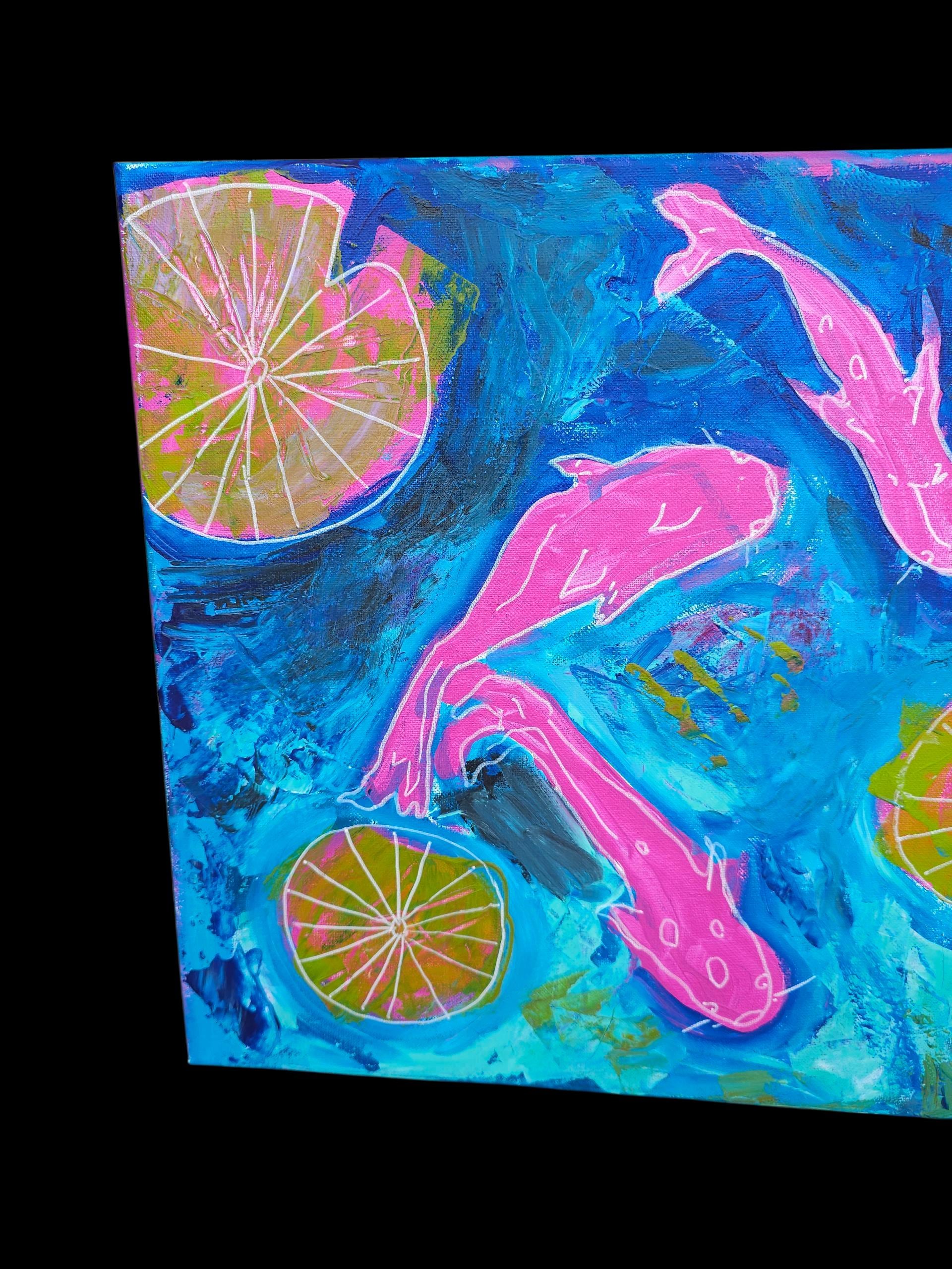Koi Fish Abstract Painting: Modern Pink Green Canvas Wall Art