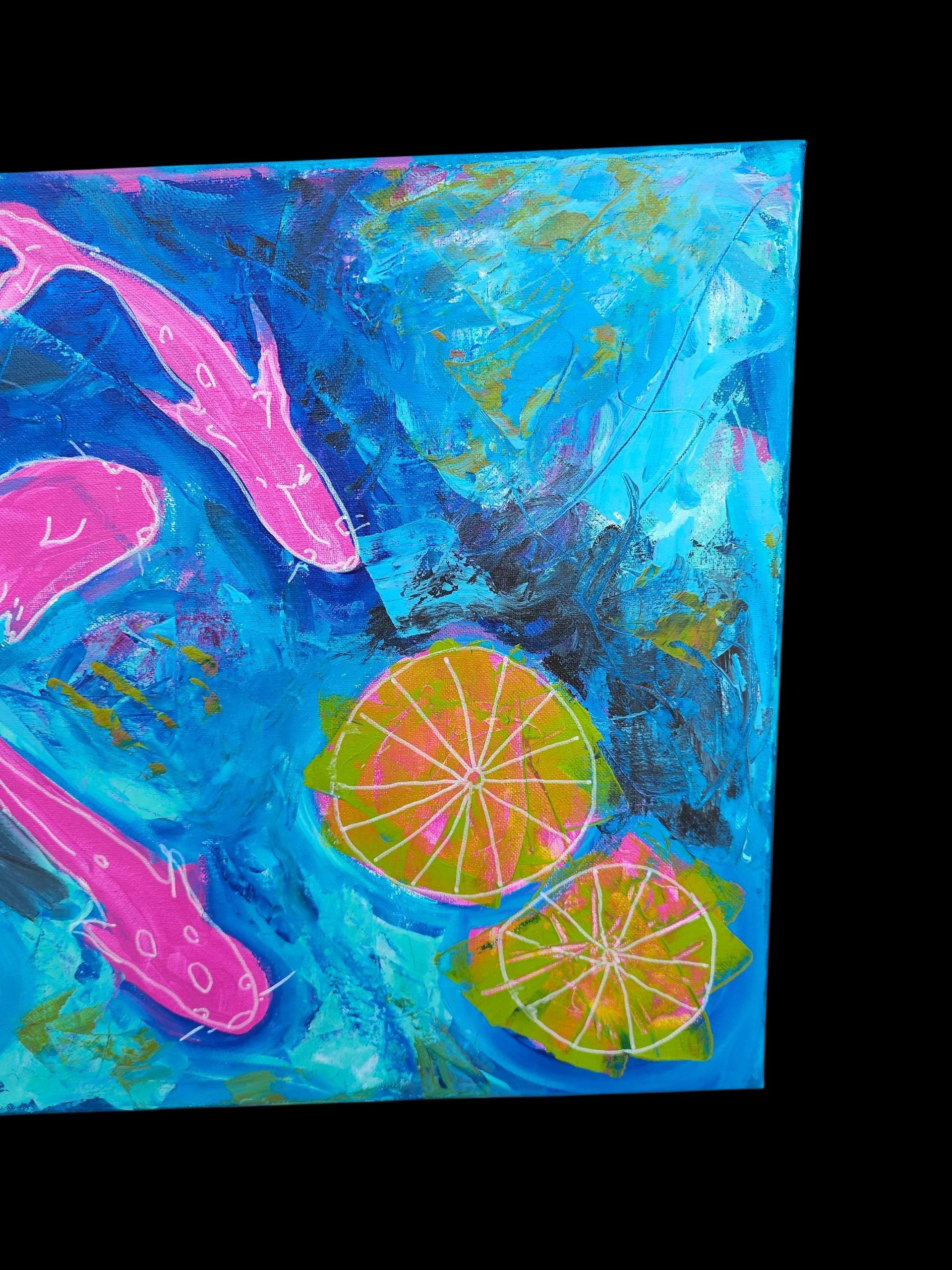 Koi Fish Abstract Painting: Modern Pink Green Canvas Wall Art