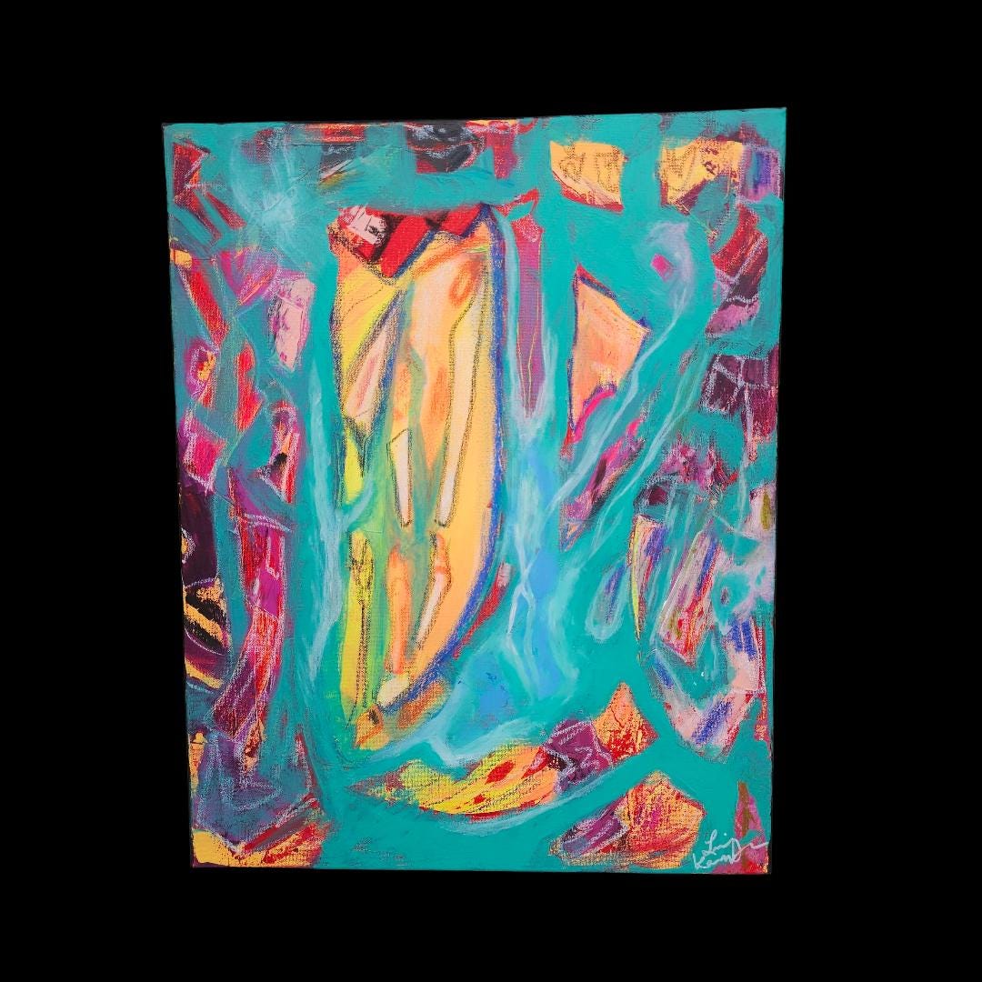 Original Abstract Painting: Teal Aqua Orange Canvas Art by Lin Kensington