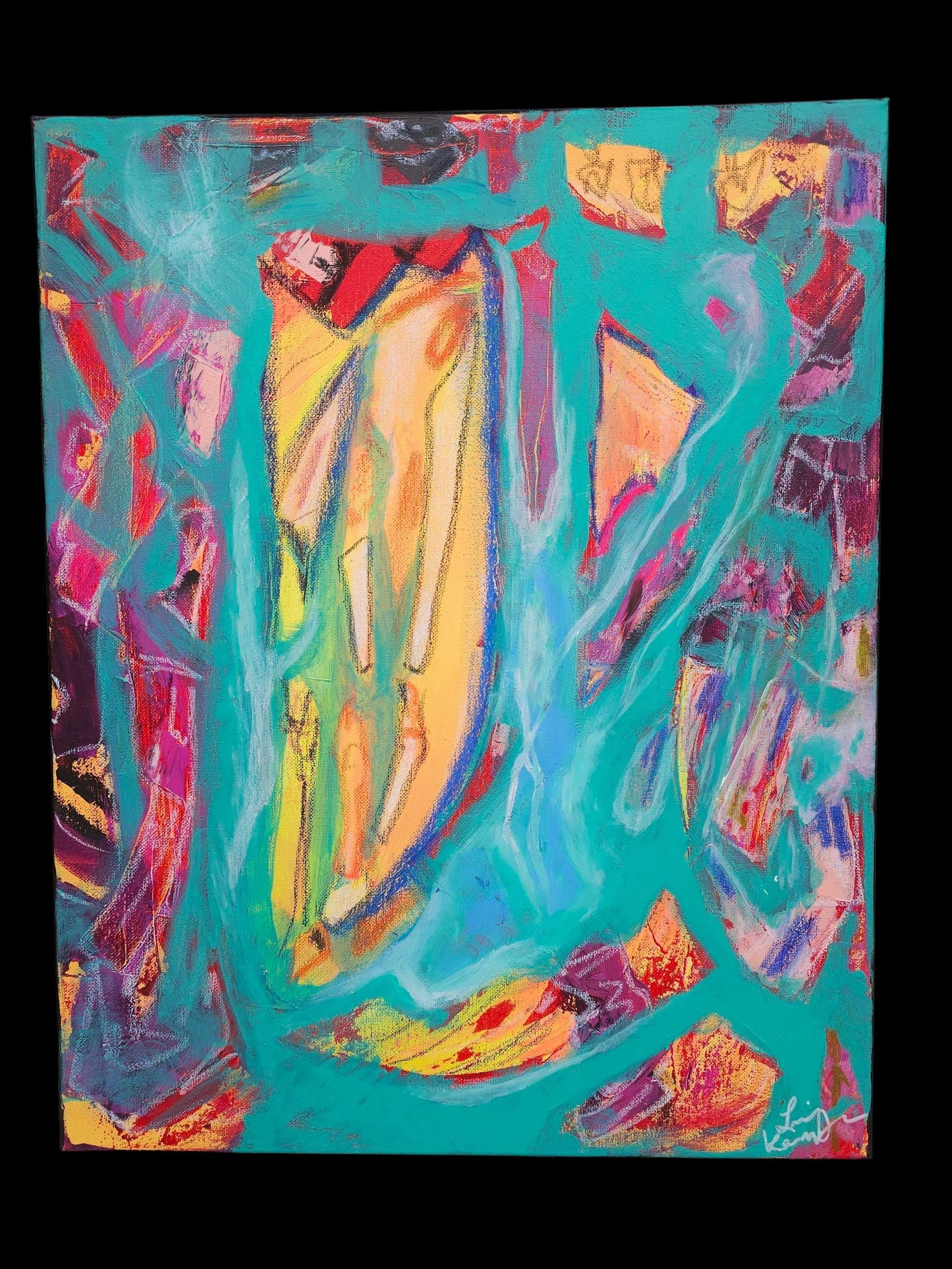Original Abstract Painting: Teal Aqua Orange Canvas Art by Lin Kensington
