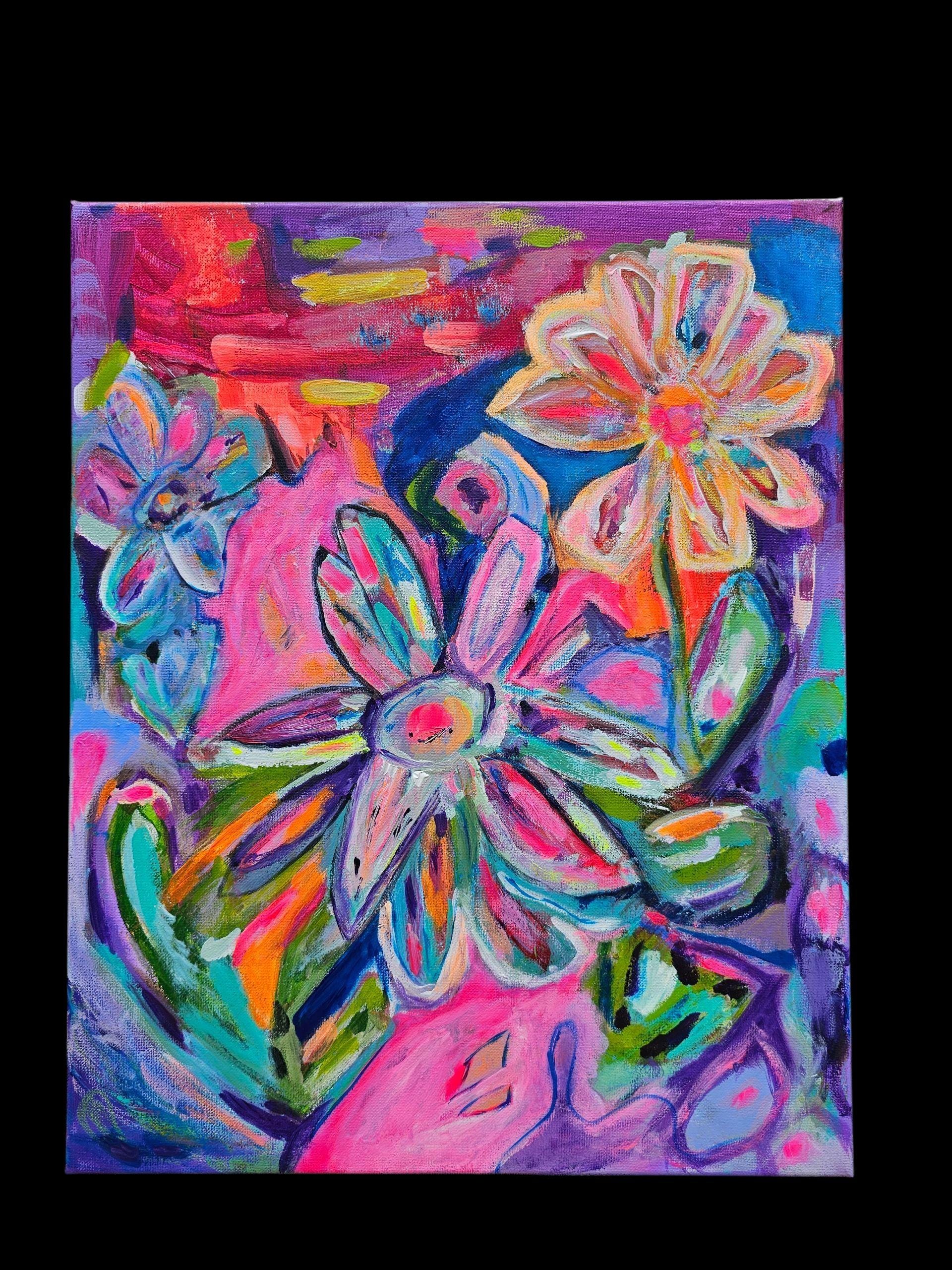 Original Floral Acrylic Painting: Vivid Wildflower Art, 16x20 Canvas