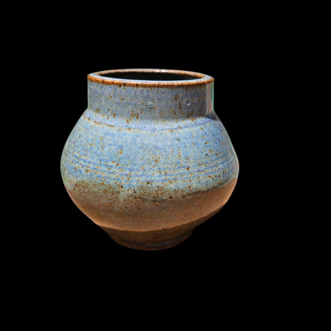 Handmade Blue Rutile Glaze Vase: Signed Ceramic Moon Jar