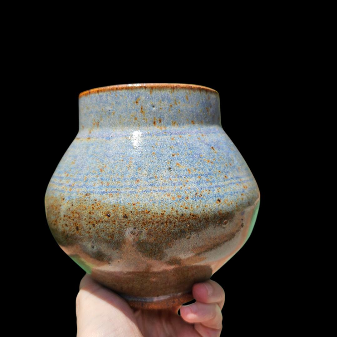 Handmade Blue Rutile Glaze Vase: Signed Ceramic Moon Jar