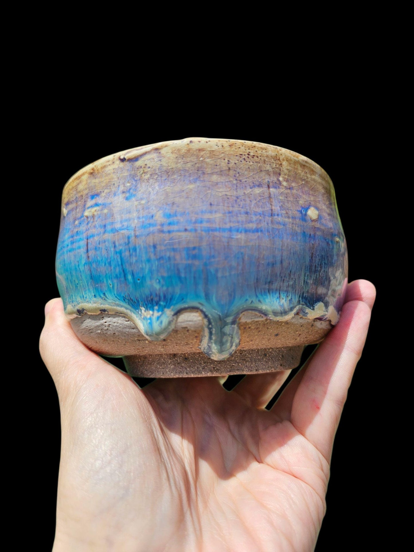 Drippy Blue Stoneware Chawan: Signed Japanese-Style Teabowl Handmade Pottery Art