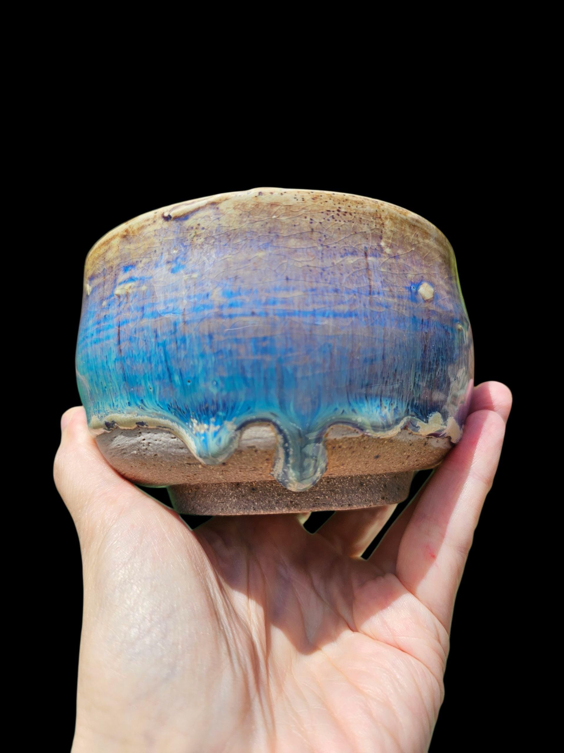 Drippy Blue Stoneware Chawan: Signed Japanese-Style Teabowl Handmade Pottery Art