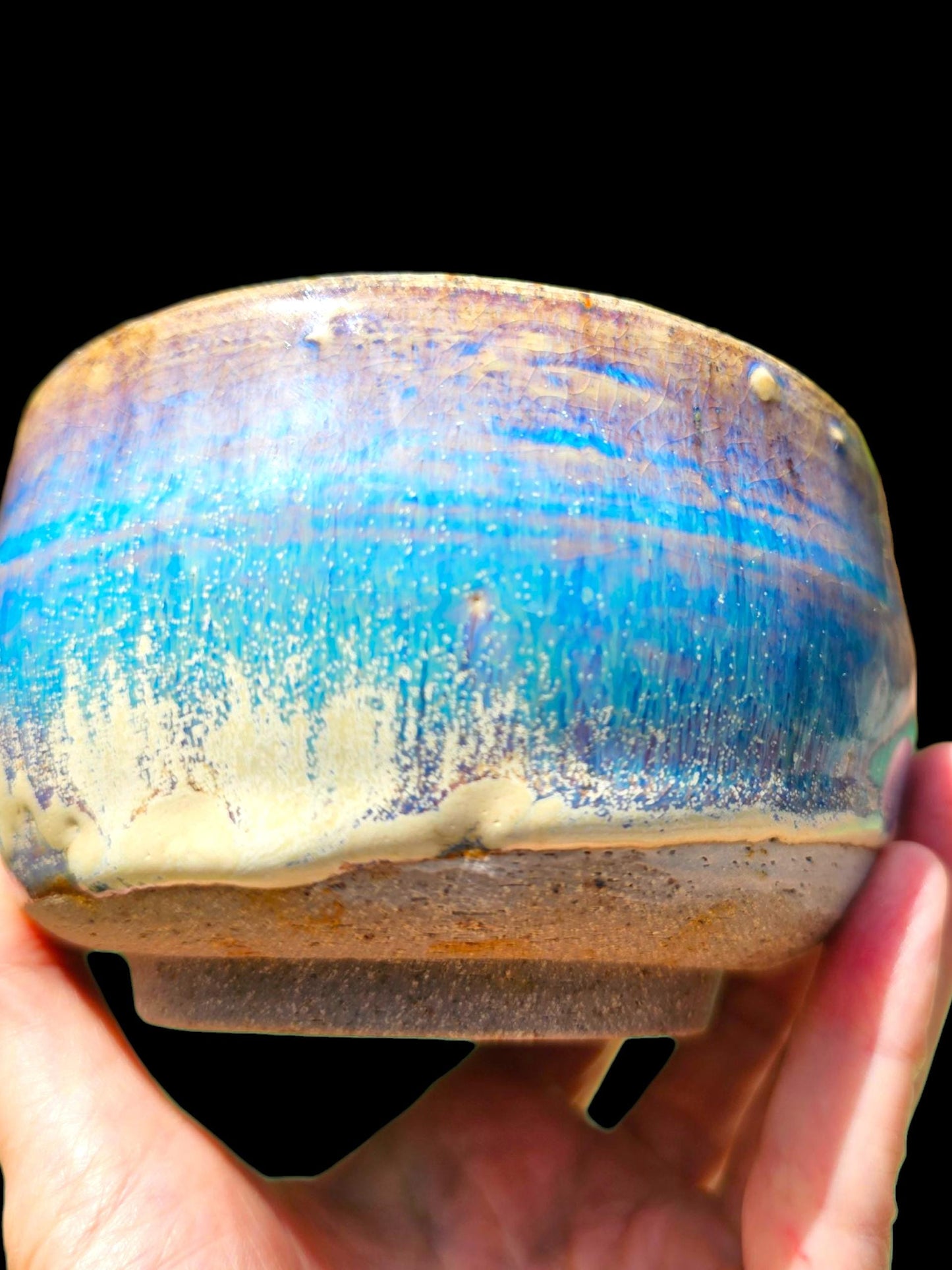 Drippy Blue Stoneware Chawan: Signed Japanese-Style Teabowl Handmade Pottery Art