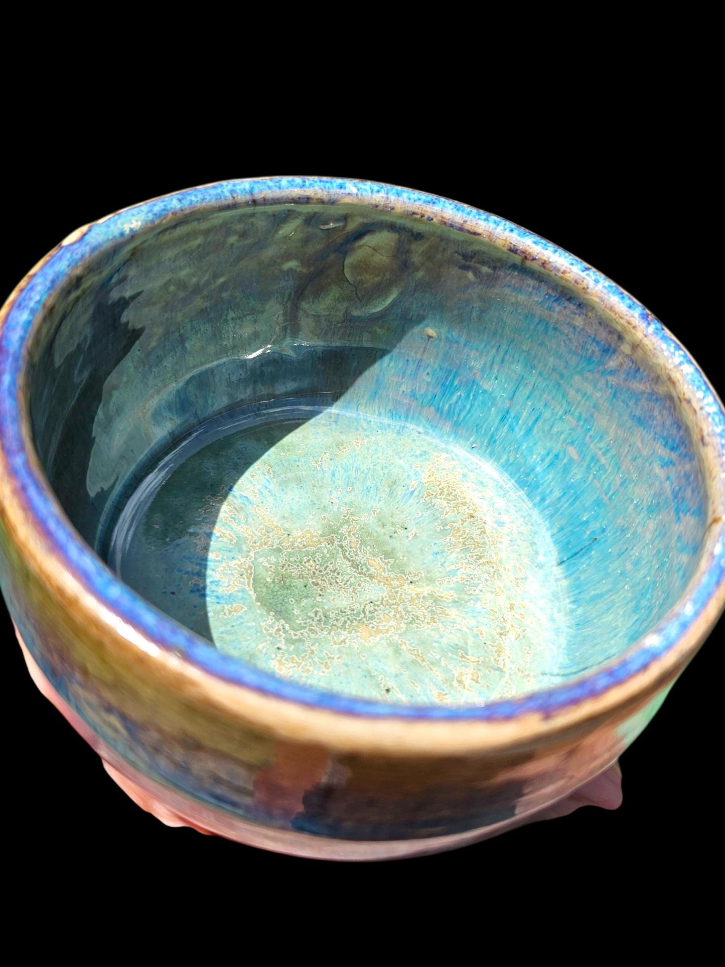 Drippy Blue Stoneware Chawan: Signed Japanese-Style Teabowl Handmade Pottery Art