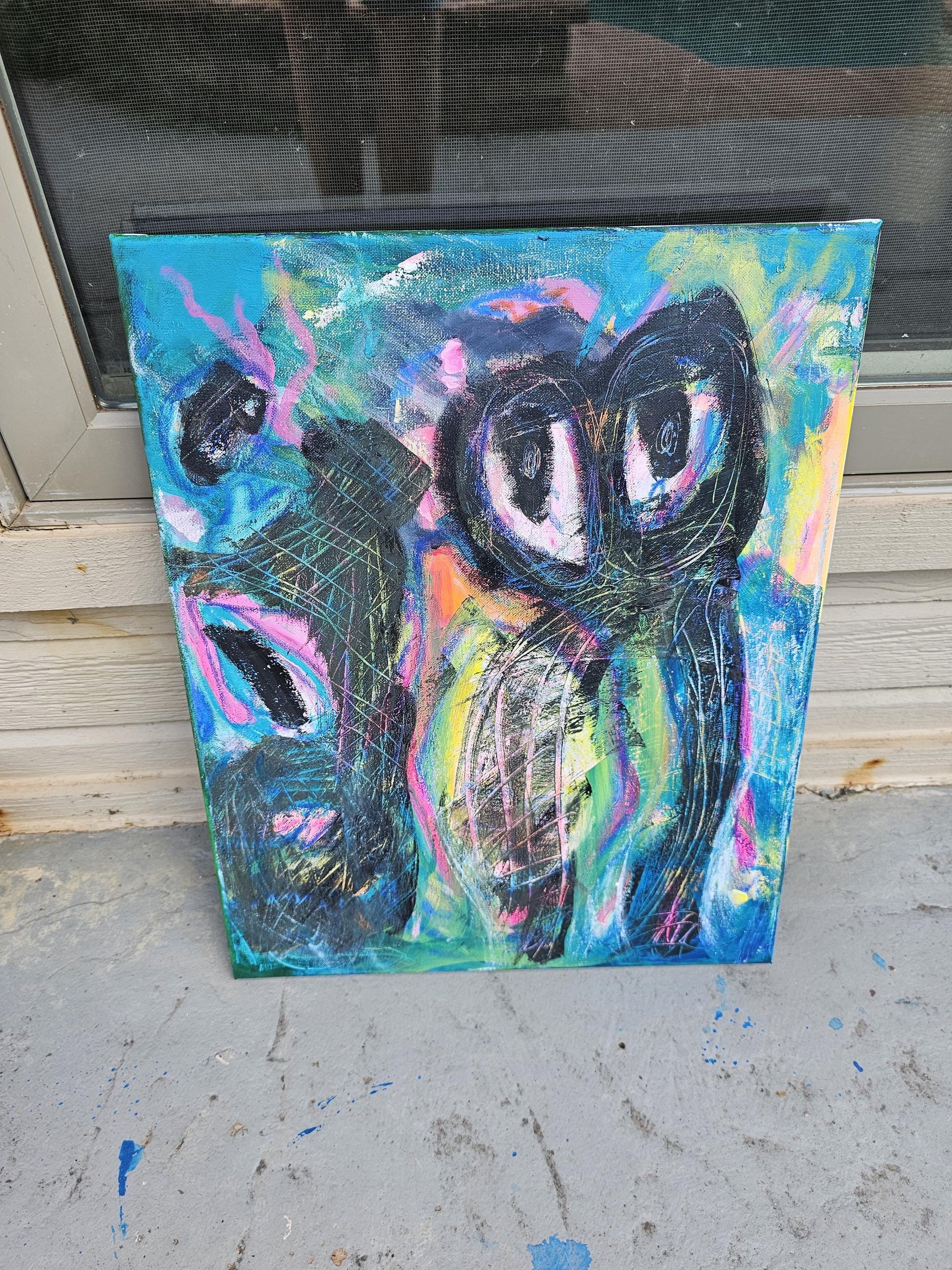 Original Abstract Figure Painting: Vivid Pink Mixed Media Canvas Art