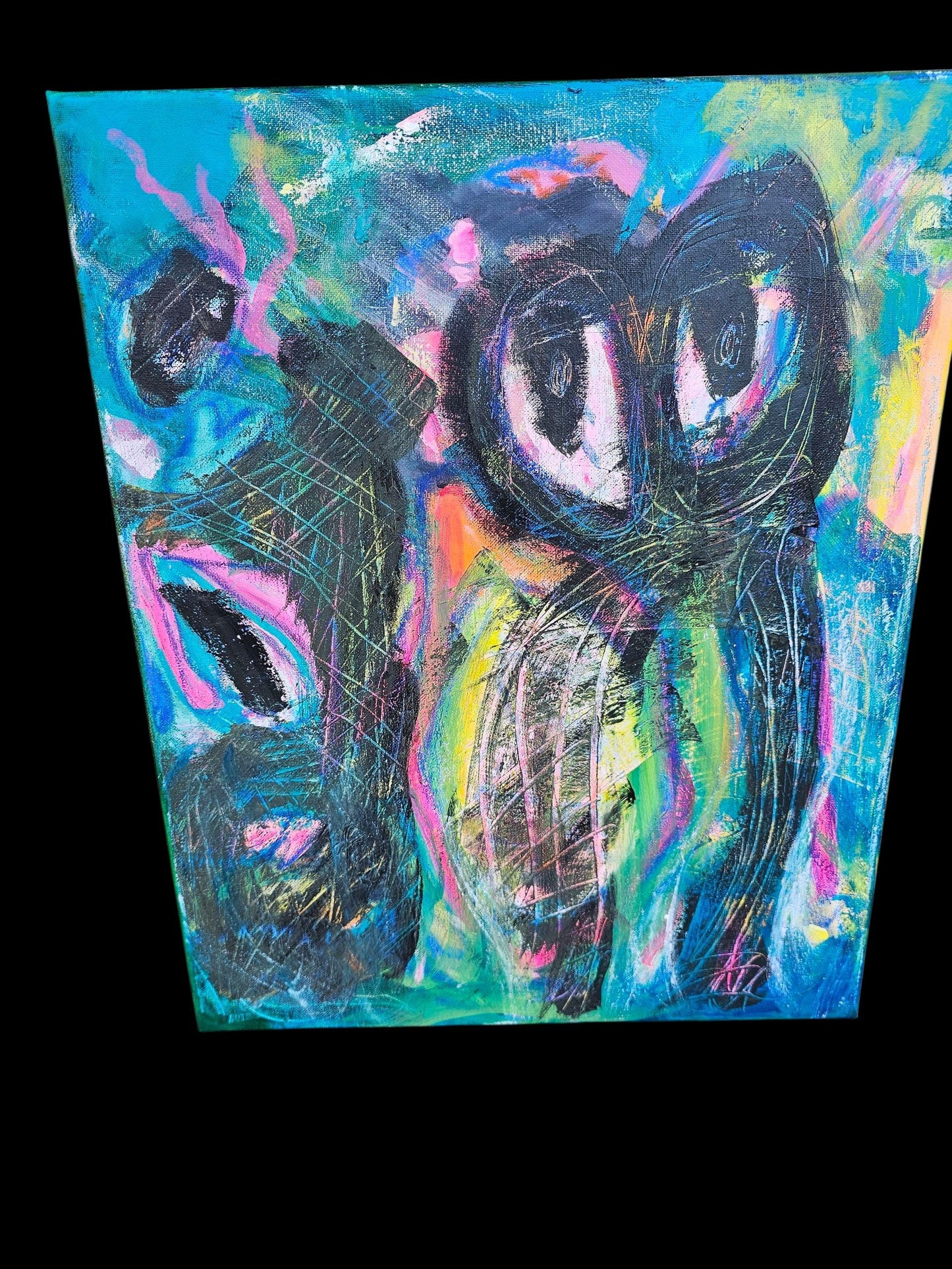 Original Abstract Figure Painting: Vivid Pink Mixed Media Canvas Art