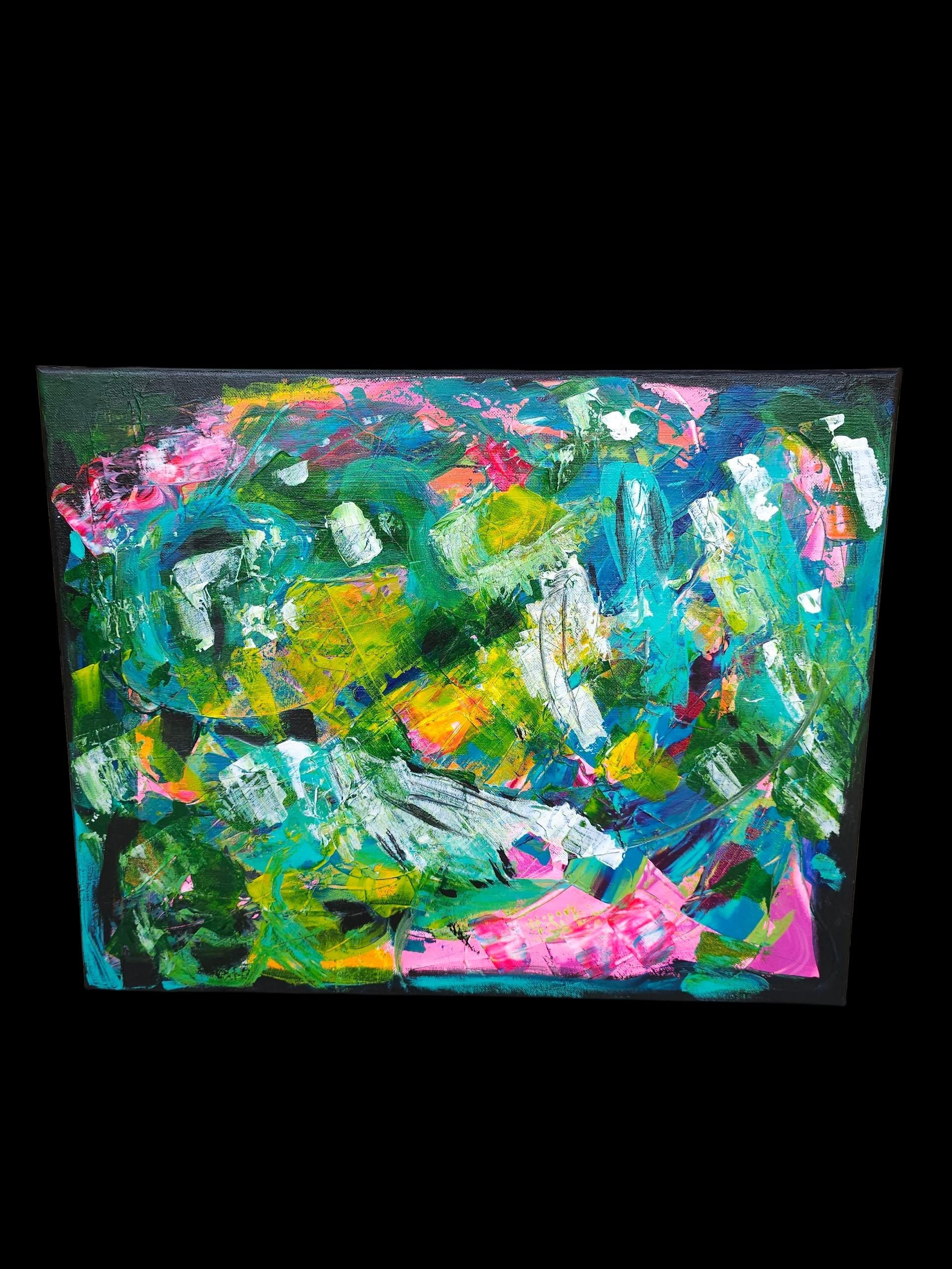 Jungle Abstract Painting: Bright Pink & Green Modern Art, 16x20 Canvas
