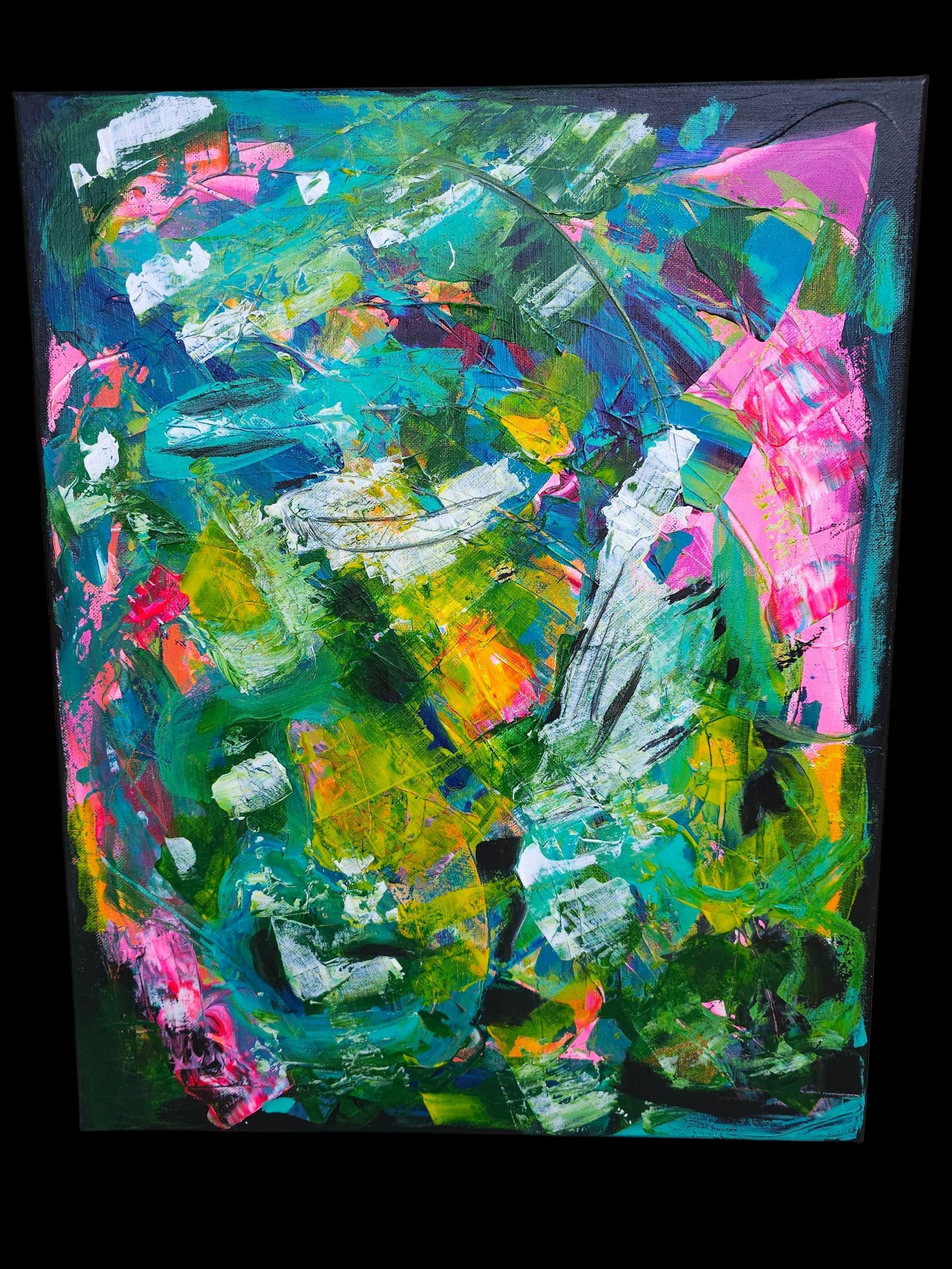 Jungle Abstract Painting: Bright Pink & Green Modern Art, 16x20 Canvas