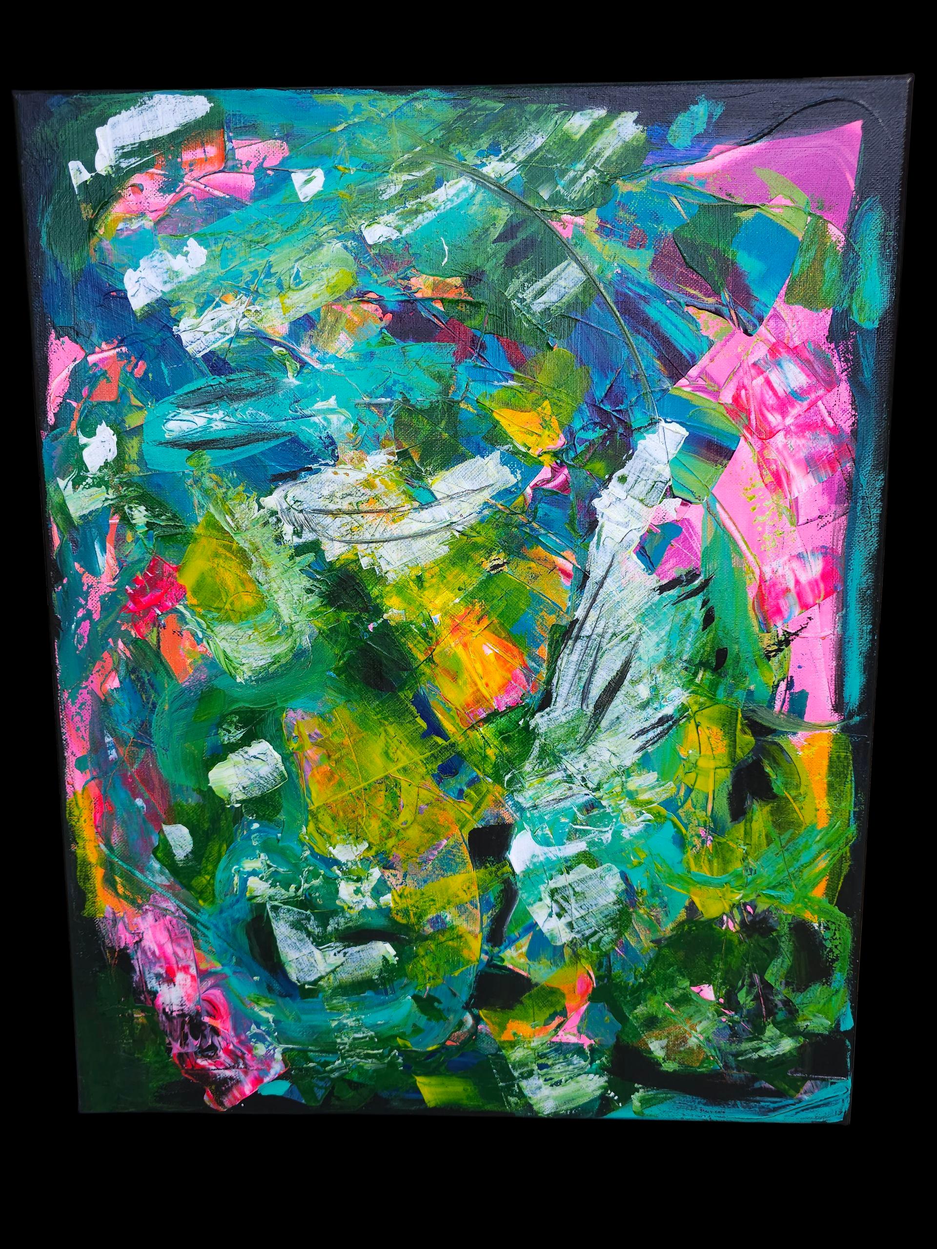 Jungle Abstract Painting: Bright Pink & Green Modern Art, 16x20 Canvas