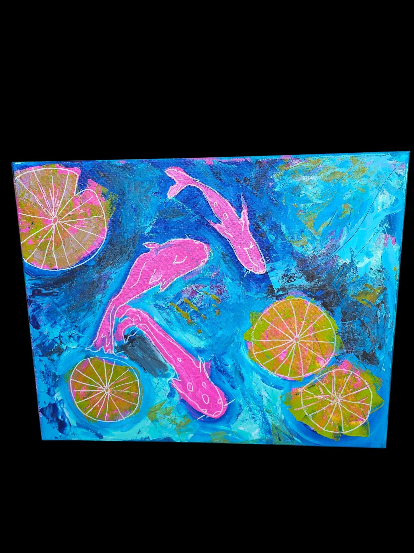 Koi Fish Abstract Painting: Modern Pink Green Canvas Wall Art