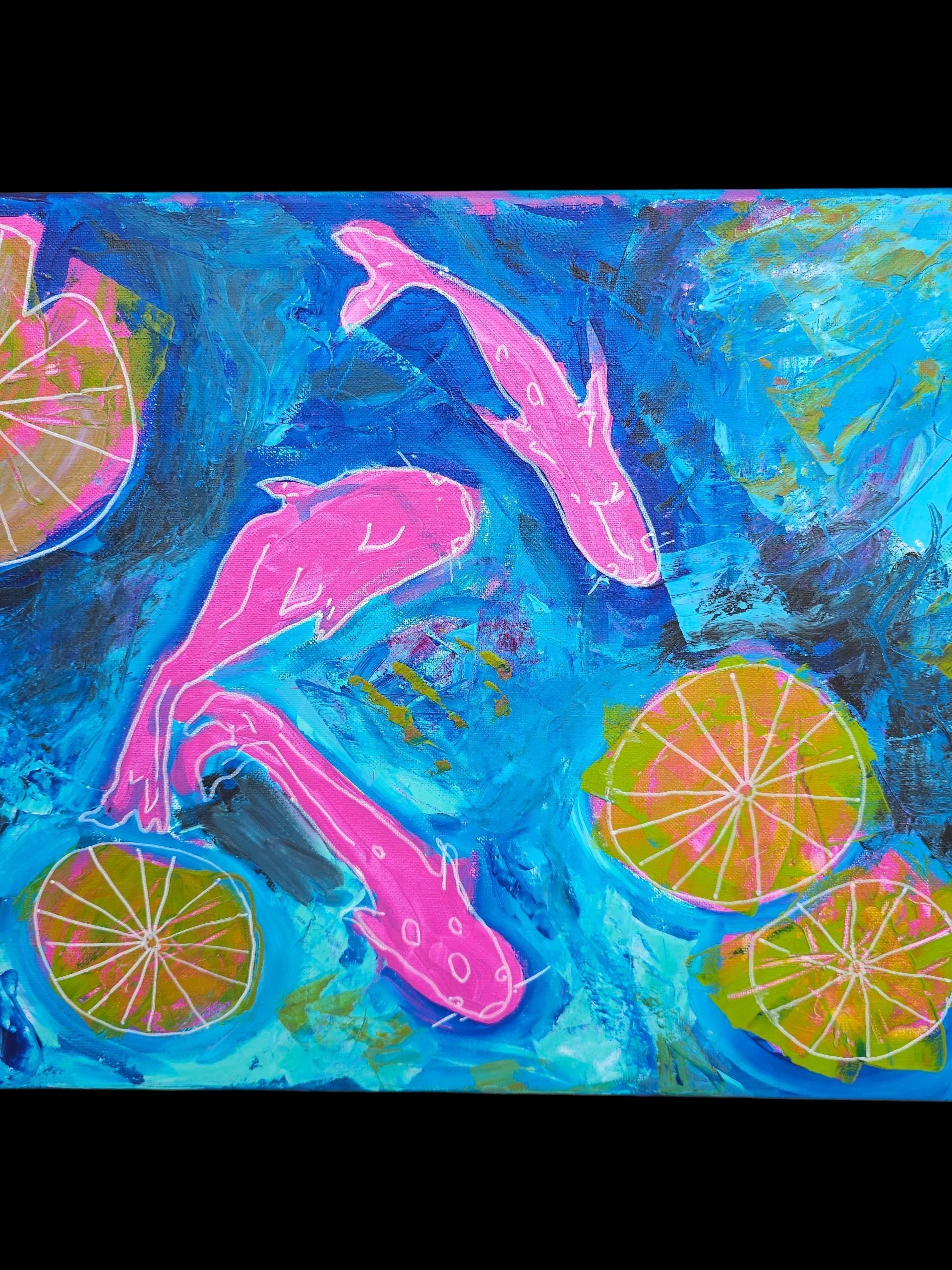 Koi Fish Abstract Painting: Modern Pink Green Canvas Wall Art