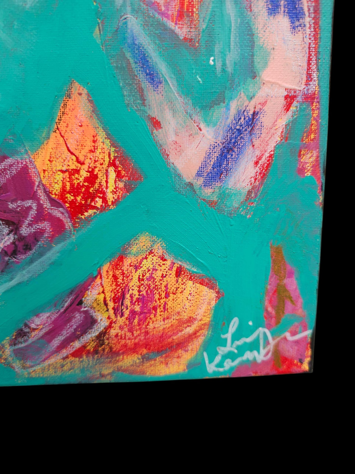 Original Abstract Painting: Teal Aqua Orange Canvas Art by Lin Kensington