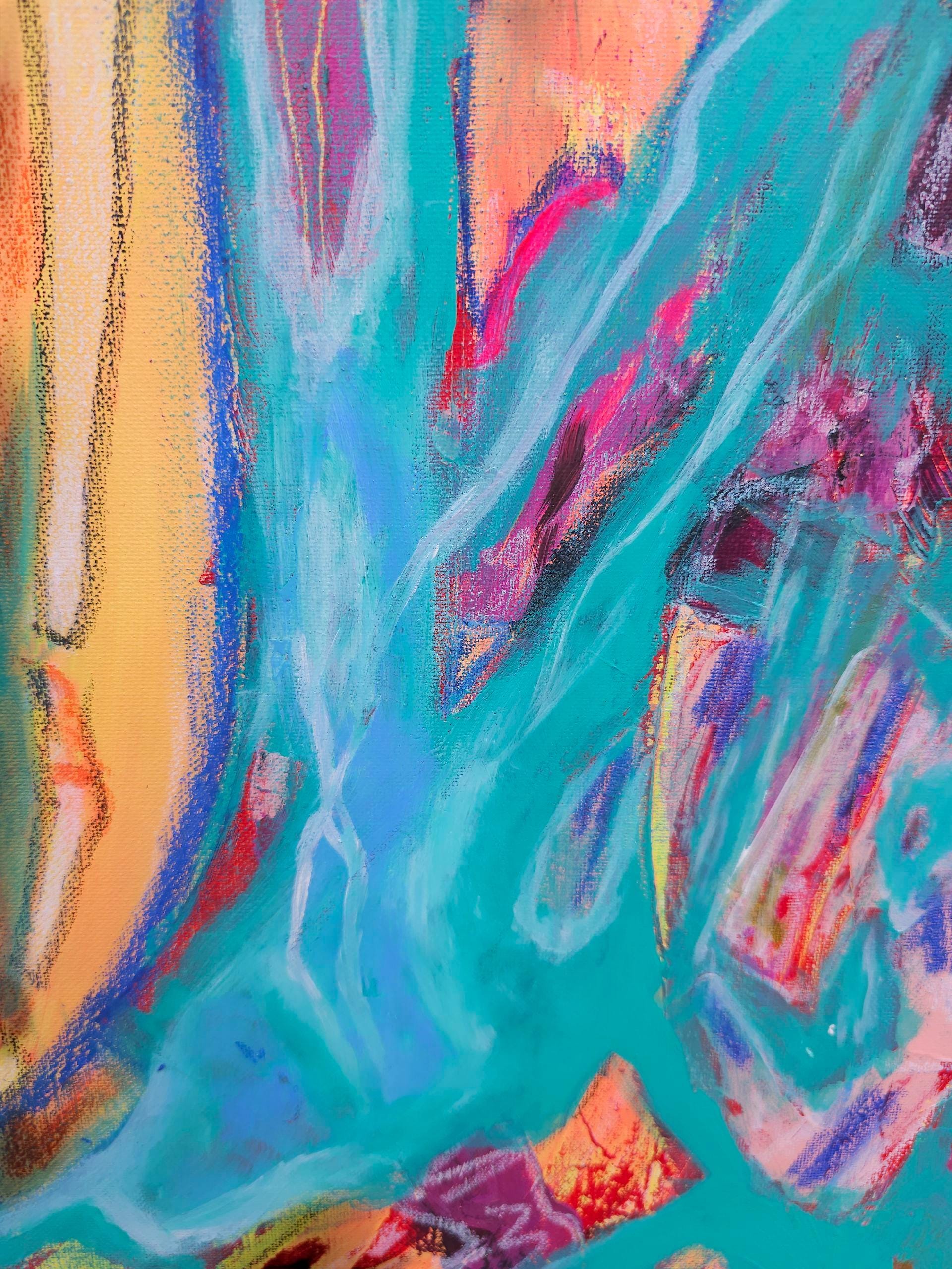 Original Abstract Painting: Teal Aqua Orange Canvas Art by Lin Kensington