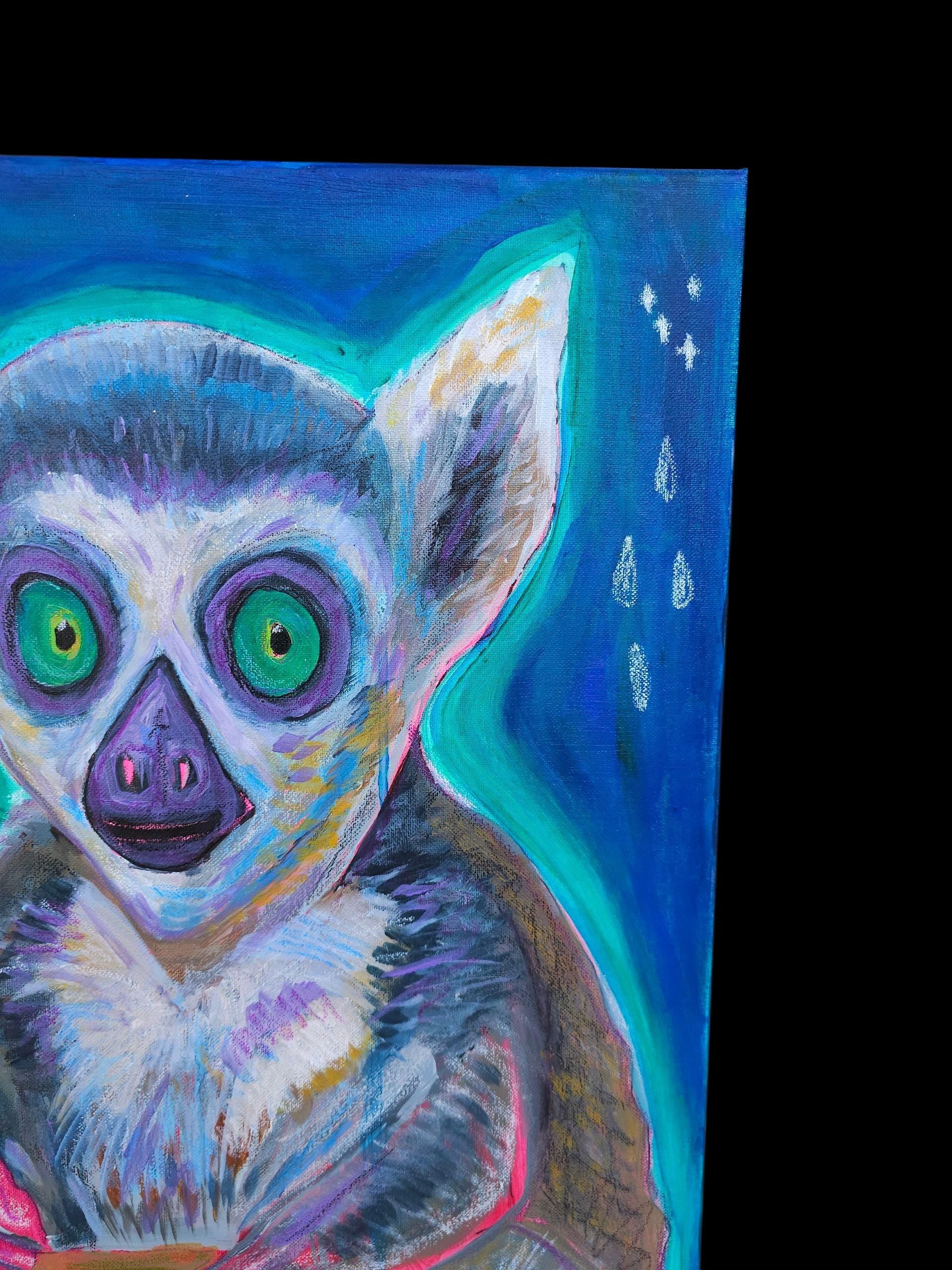 Starry Night Lemur Painting: Original Acrylic Canvas Art by Lin Kensington