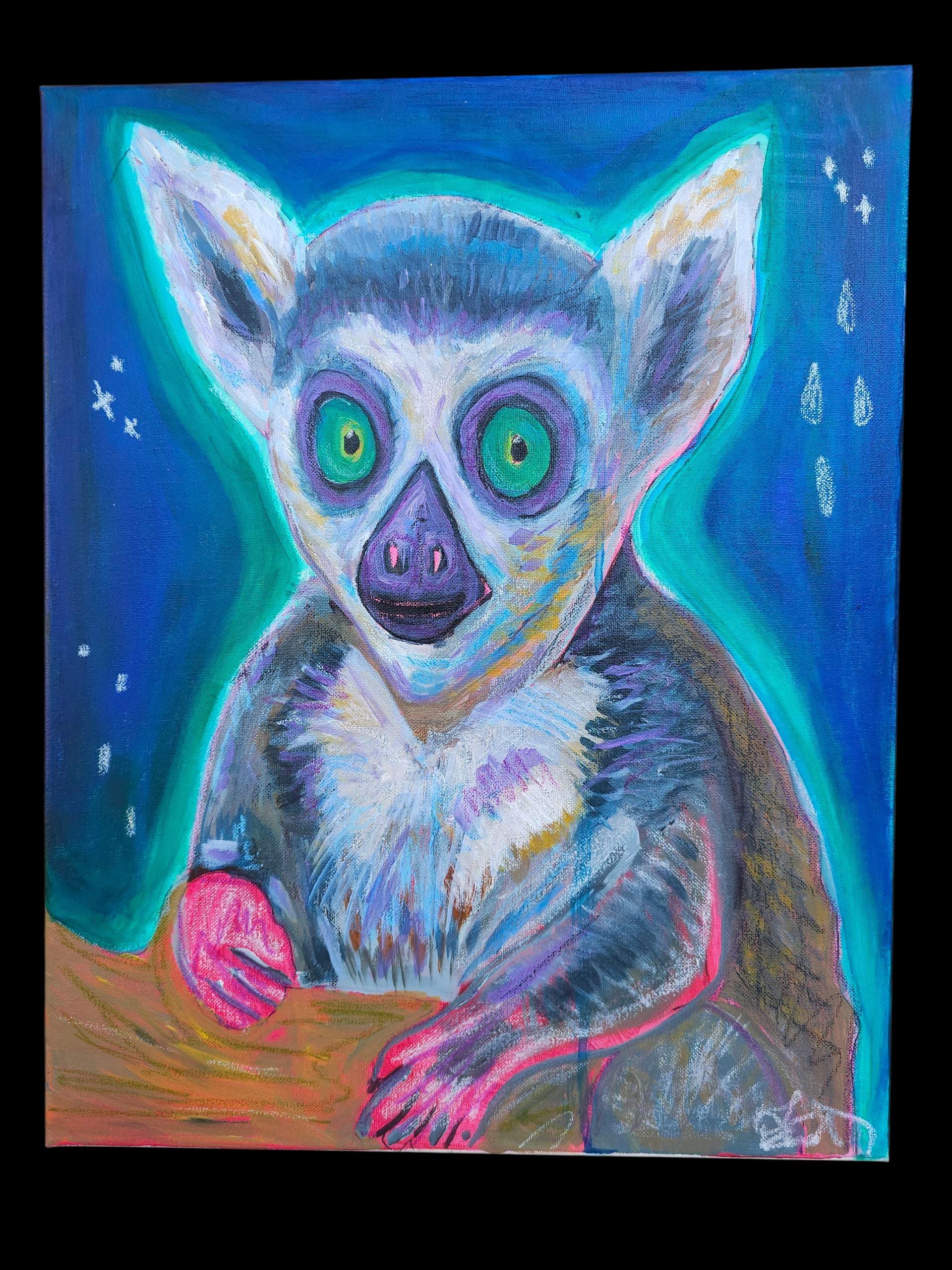 Starry Night Lemur Painting: Original Acrylic Canvas Art by Lin Kensington