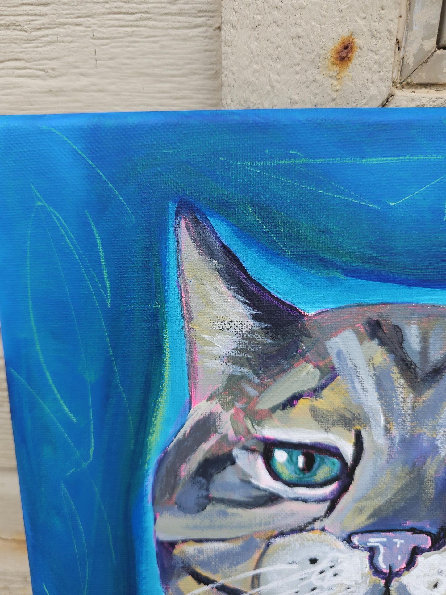 Hoodie Cat Painting: Original Acrylic Art, Whimsical Feline Portrait