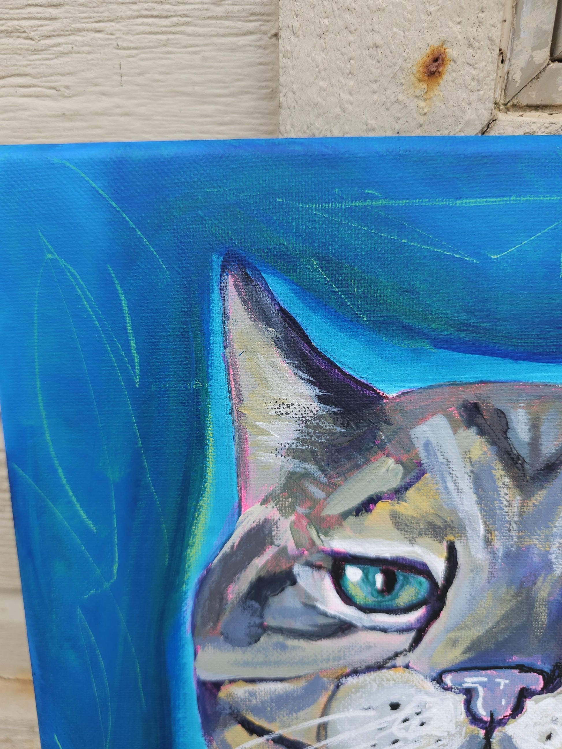 Hoodie Cat Painting: Original Acrylic Art, Whimsical Feline Portrait
