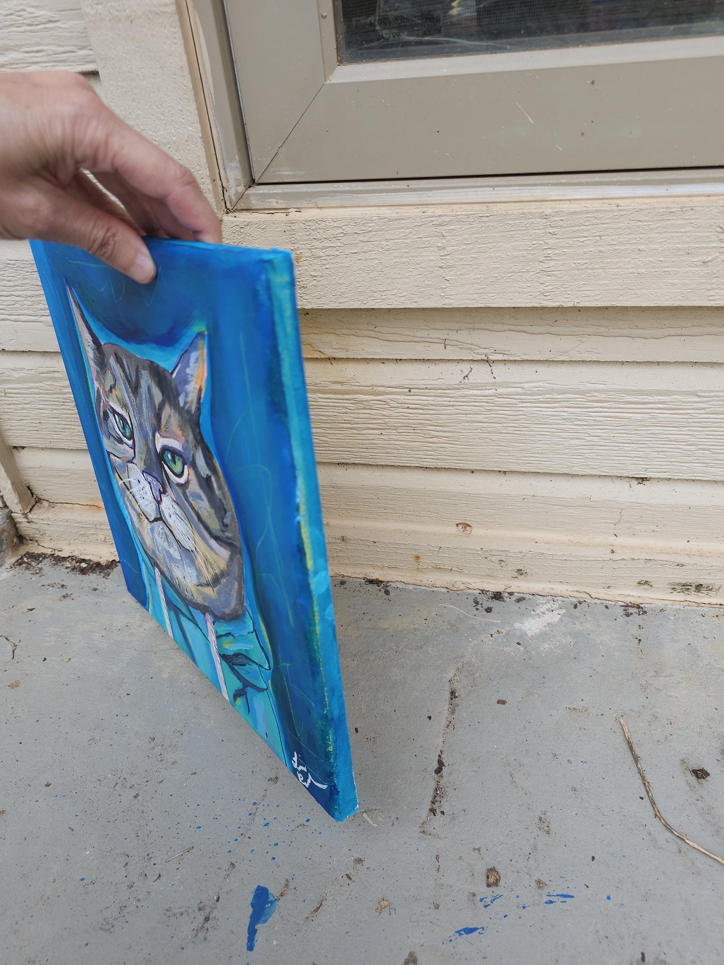 Hoodie Cat Painting: Original Acrylic Art, Whimsical Feline Portrait