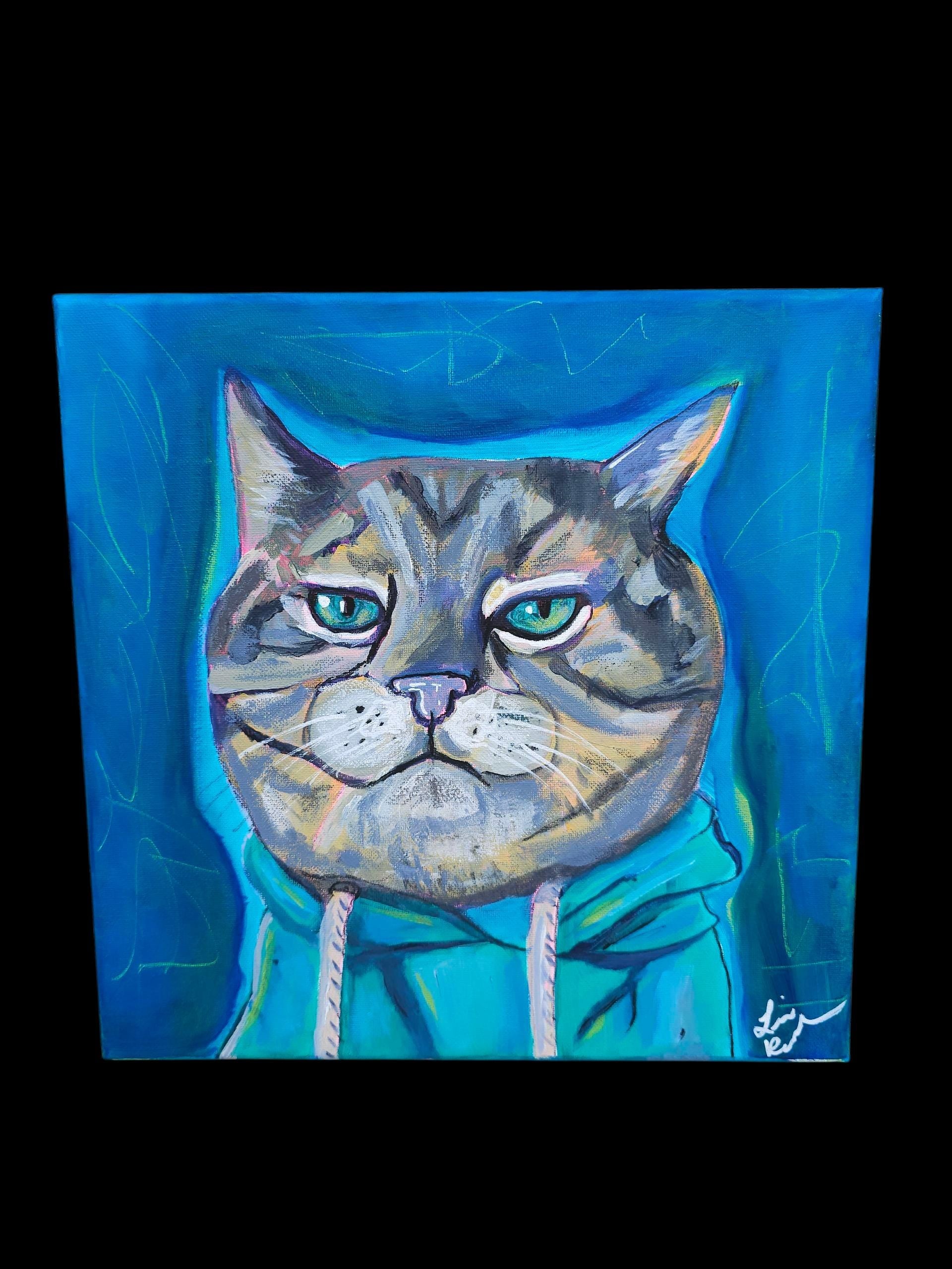 Hoodie Cat Painting: Original Acrylic Art, Whimsical Feline Portrait