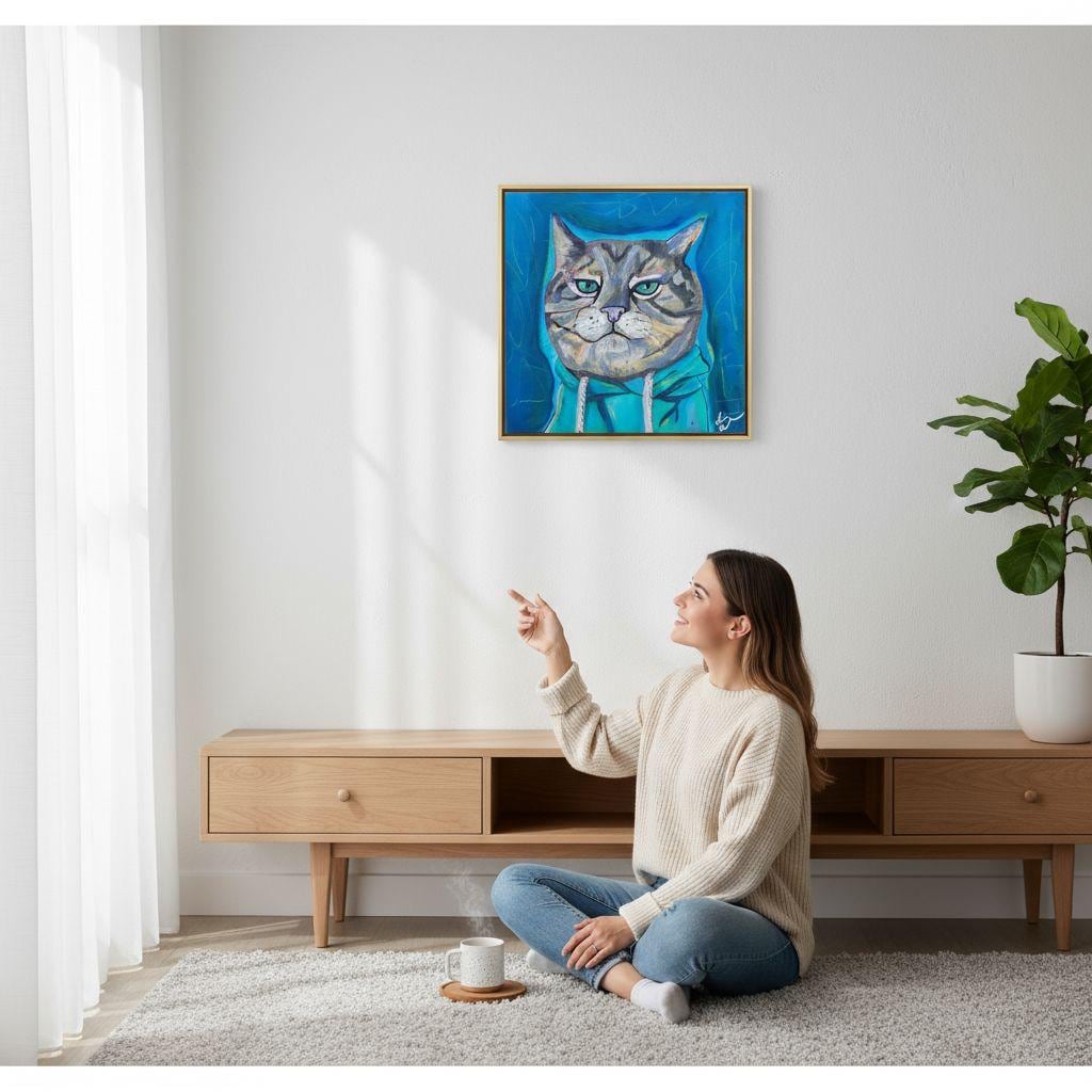 Hoodie Cat Painting: Original Acrylic Art, Whimsical Feline Portrait